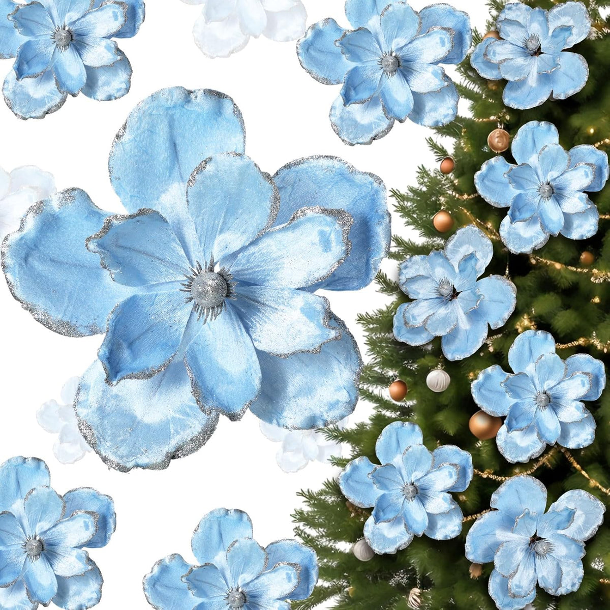 6 Pcs Large Christmas Glitter Flowers Velvet Christmas Magnolia Flowers 10 Inch Large Heads Artificial Poinsettia Picks Stems For Xmas Tree Ornaments Holiday Wedding Party Decor(Grayish Blue)