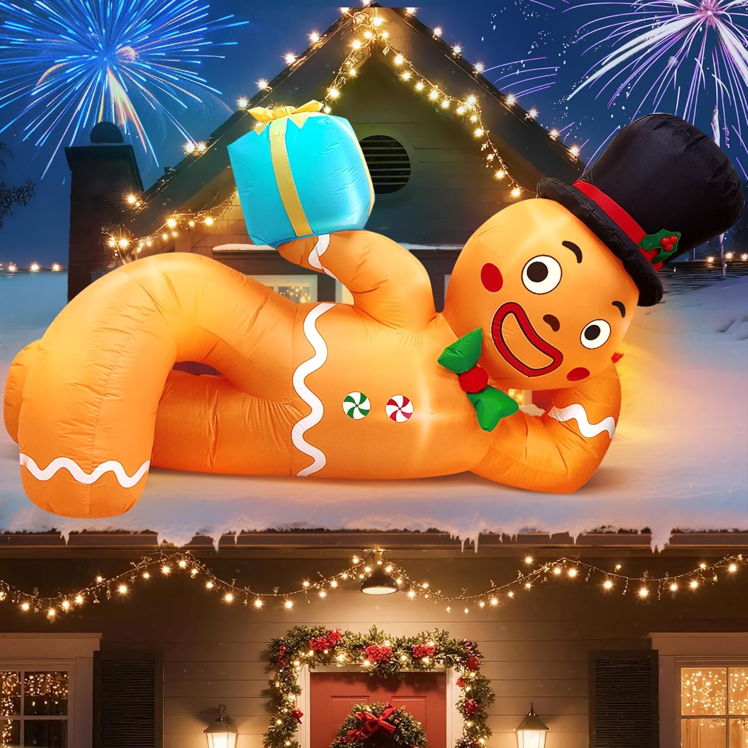 10Ft Christmas Inflatable Outdoor Decoration, Lying Gingerbread Inflatable Blow Up Yard Decorations With Leds, Giant Gin
