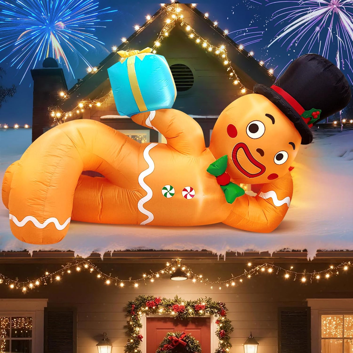 10Ft Christmas Inflatable Outdoor Decoration, Lying Gingerbread Inflatable Blow Up Yard Decorations With Leds, Giant Gin
