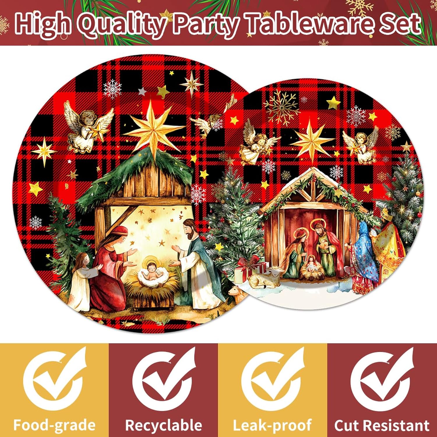 96Pcs Happy Birthday Jesus Decorations Disposable Tableware Set - O Holy Night Jesus Paper Plates Napkins Forks Christmas Jesus Birthday Party Supplies Serve 24 Guests