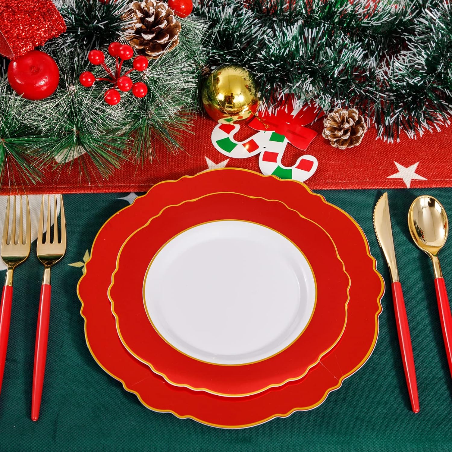 30Guest Red 4Th Of July Plates - Gold Plastic Silverware With Red Handle - Christmas Plates Disposable- Baroque Plastic Dinnerware For 4Th Of July