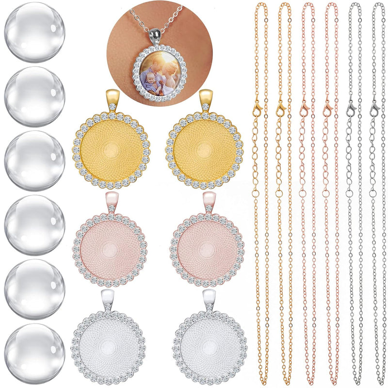 18Pcs Bling Rhinestone Round Shape Bezel Pendant Trays With Glass Cabochons An