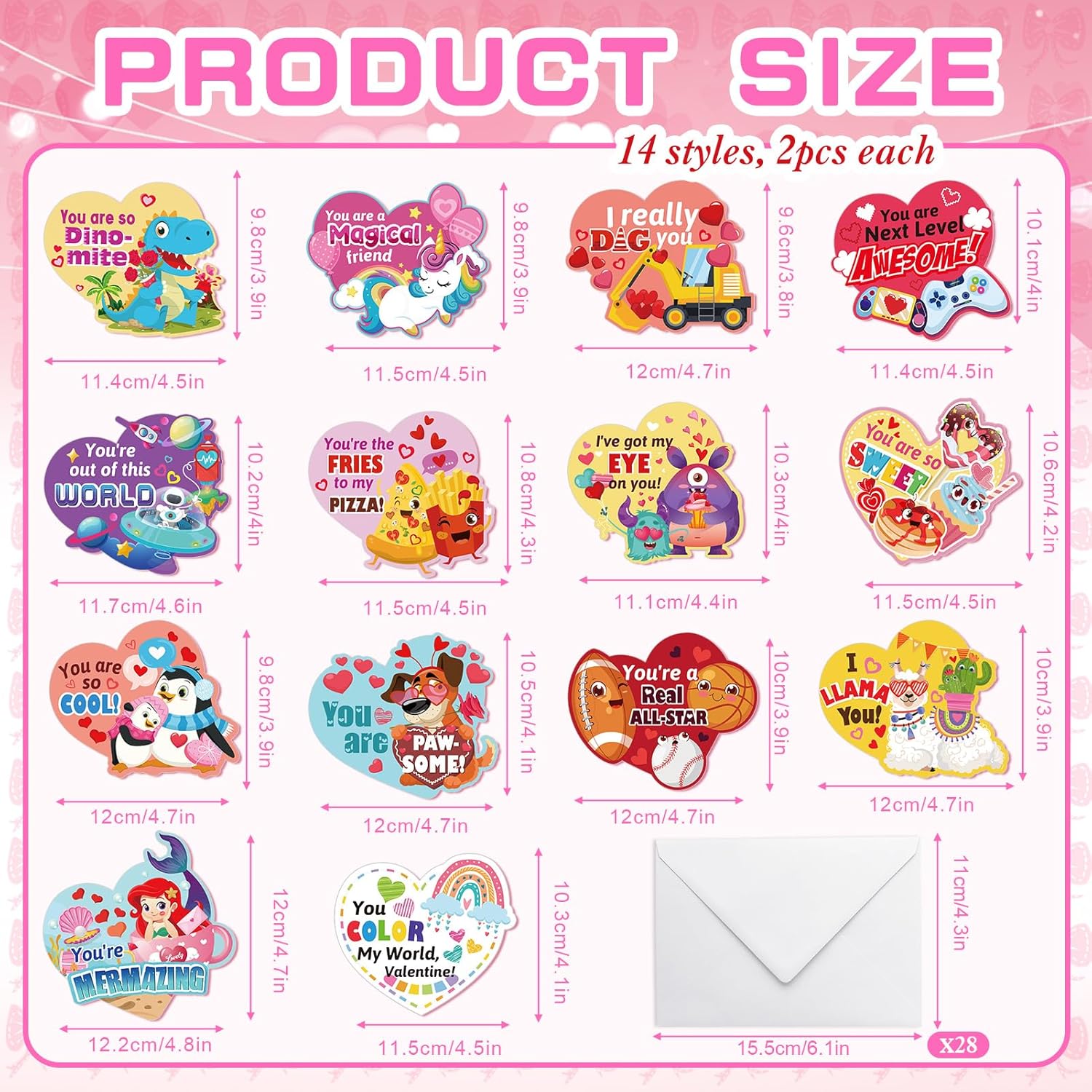 28 Pack Valentine'S Day Candy Heart Cards,14 Assorted Designs Heart Sports Games Valentines Day Greeting Cards With 28 Envelops For Kids School Valentines Gifts Cards School Classroom Exchange