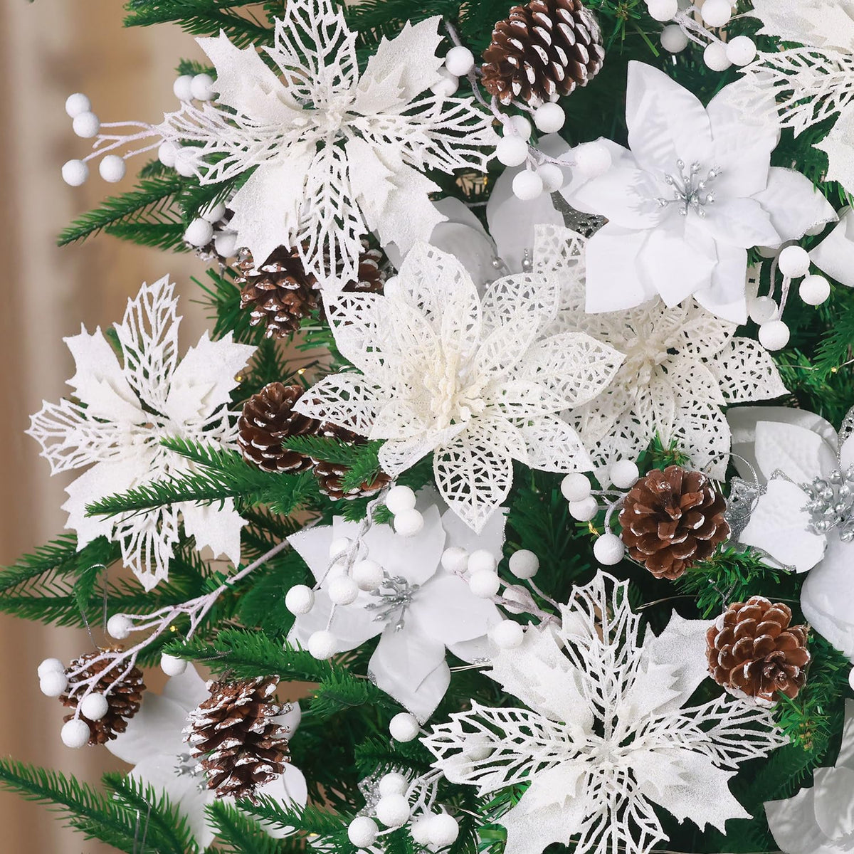 56 Pcs Christmas Decorations, 4 Styles Poinsettias Artificial Christmas Flowers Glitter Berries Stems Ornaments Tree With Pine Cones & Stems For Xmas Wedding Diy Wreath Floral Party (White)