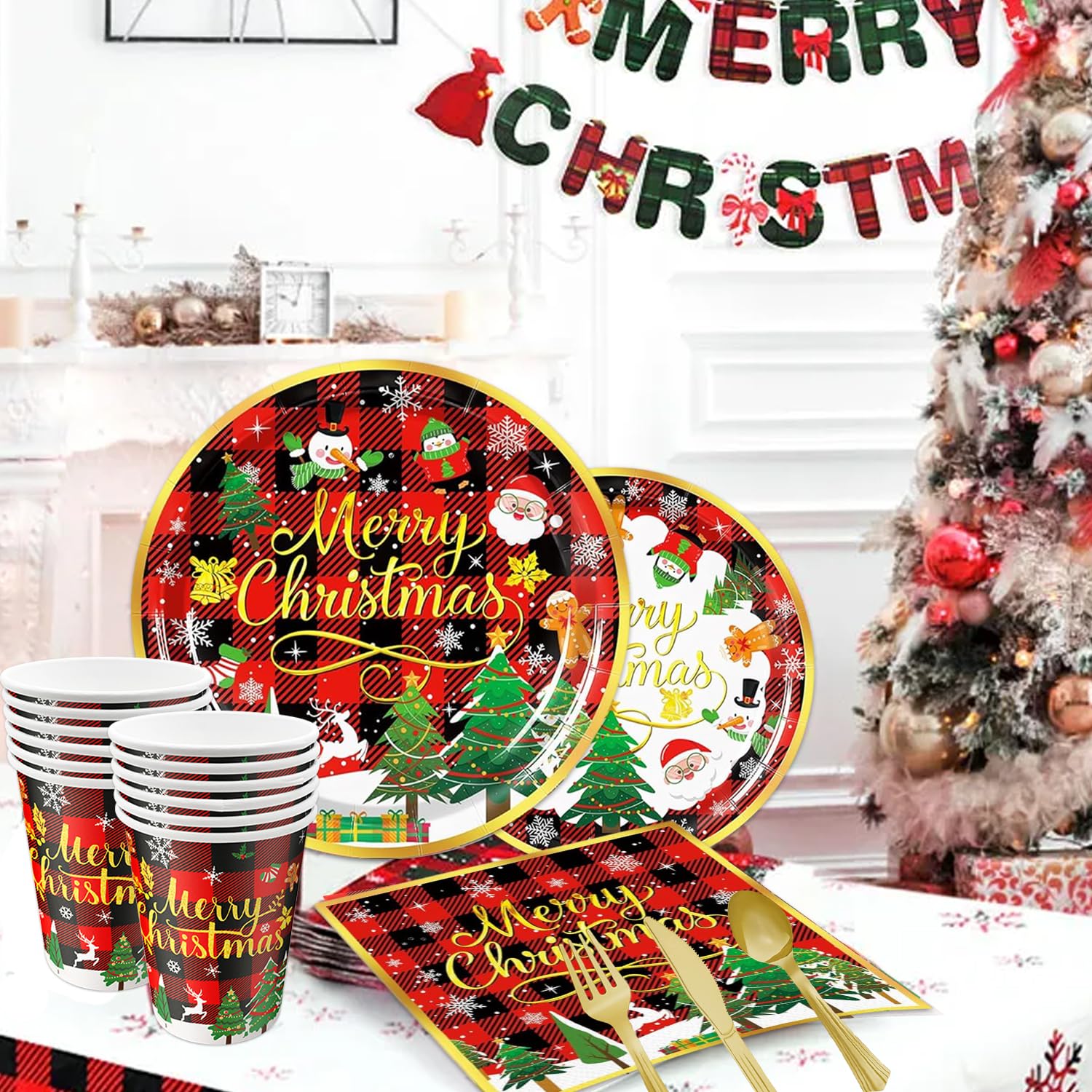 Christmas Party Decorations Supplies - 175 Pcs Merry Christmas Red Plaid Disposable Dinnerware Set Xmas Paper Plates And Napkins Sets With Cups Fork Knive Spoon For Holiday Party Supplies, Serve 25