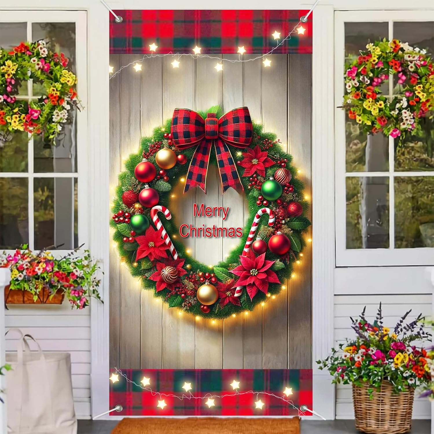 Plaid Christmas Door Banner 71X35 Inch Large Outdoor Holiday Decoration With Red Green Ornament Wreath Print And Buffalo Check Bow – Merry Christmas Backdrop For Porch Entryway Party