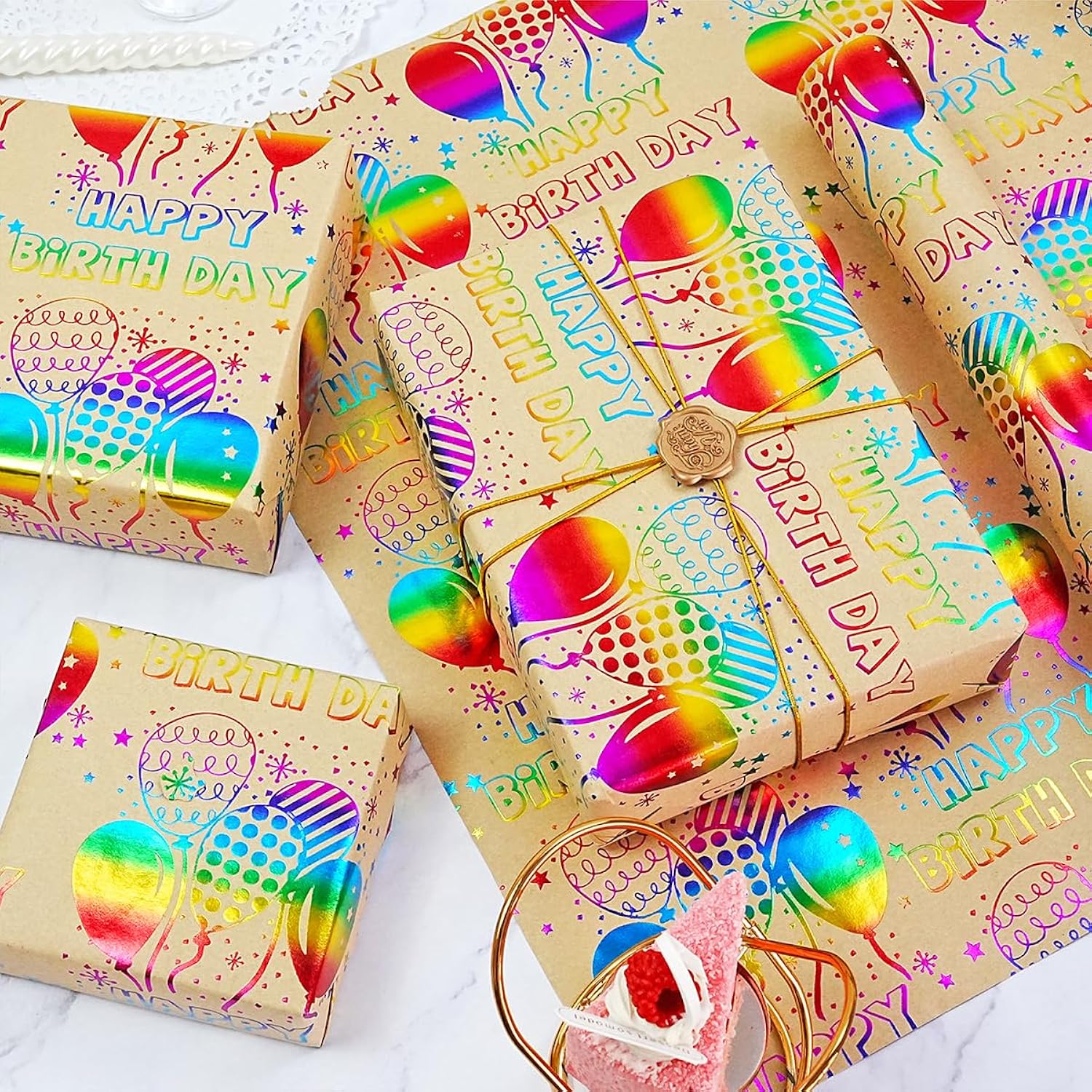 Birthday Wrapping Paper, Colorful Foil Happy Birthday Gift Wrapping Paper Roll, Kraft Gift Wrap Paper With Colorful Balloon And Confetti Design For Birthday Party Baby Shower, 17Inch X 33Feet