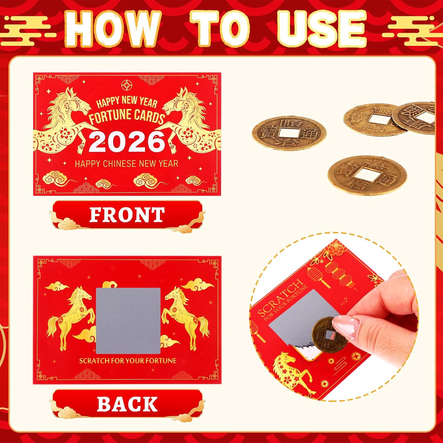 125 Pcs Chinese New Year Scratch Off Fortune Cards With 25 Feng Shui Coins 2026 Year Of The Horse Party Fortune Games Red Chinese New Year Scratch Off Cards For Spring Festival Lunar New Year Decor