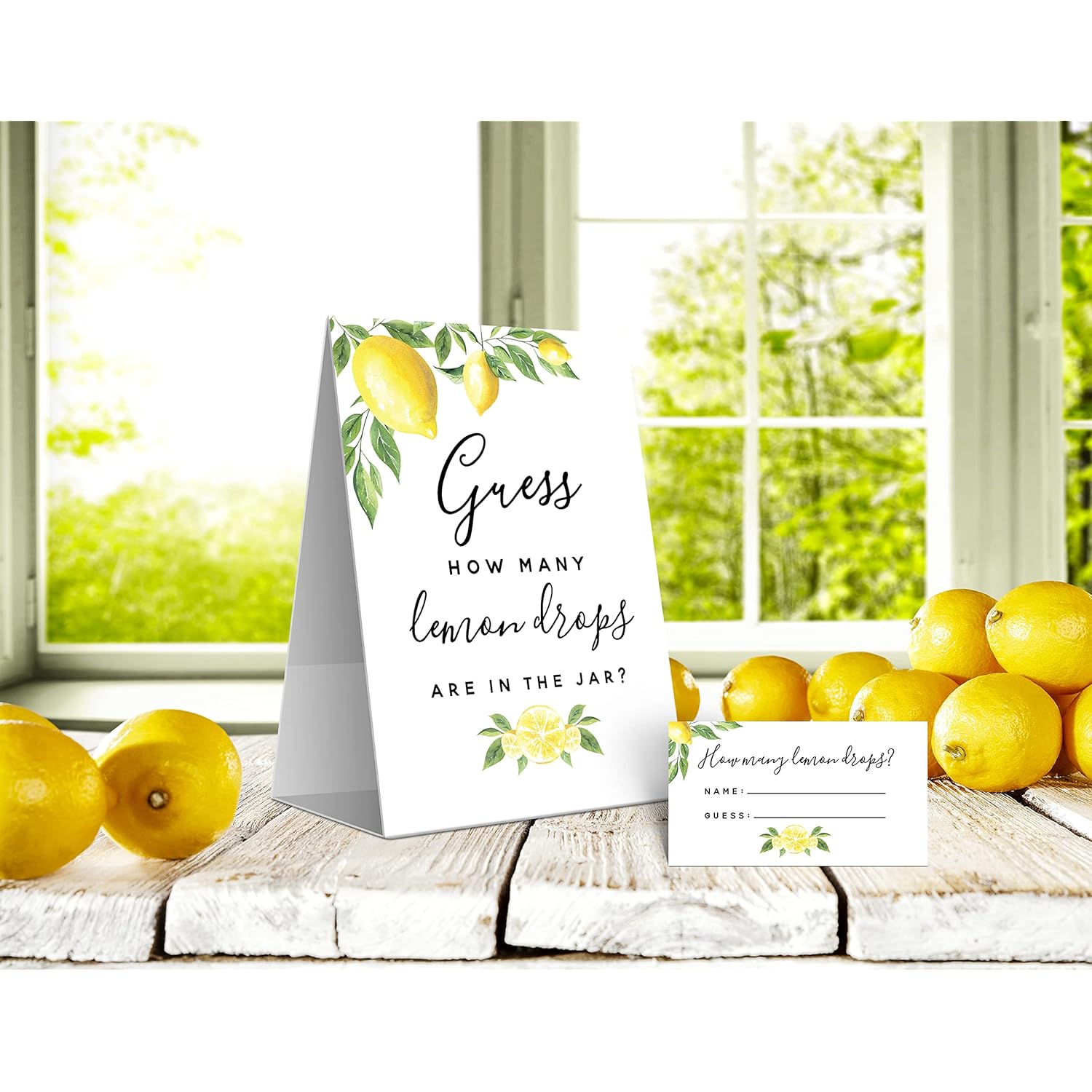 Guess How Many Lemon Drops Game - Perfect For Baby Showers, Weddings, Bridal Showers, Birthdays, And More - Includes 1 Self-Standing Sign And 50 Guessing Cards