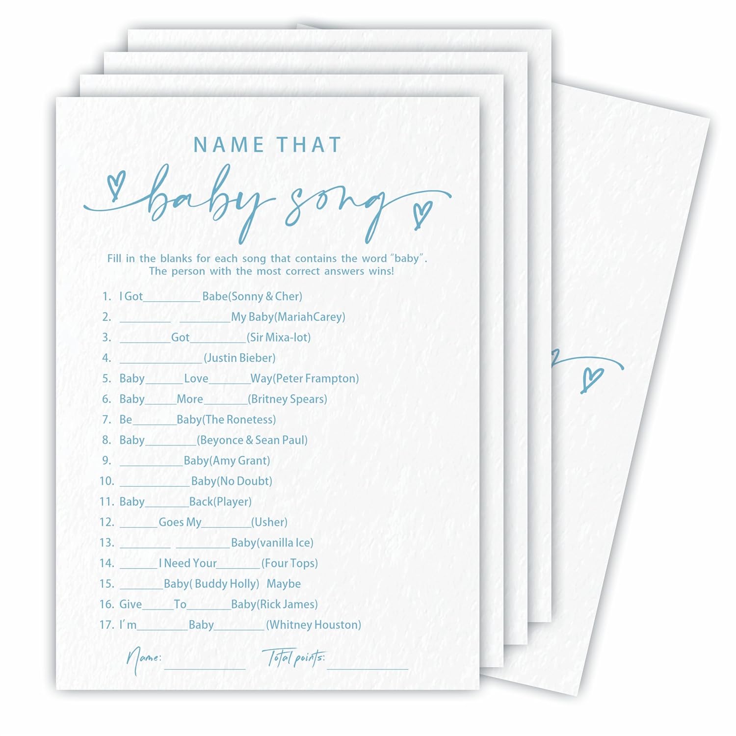 Name That Baby Song Game Set For Baby Shower - Minimalism White & Blue - 30 Double-Sided Fill In Style Game Cards & 1 Answer Card For Gender Reveal, Baby Announcement, Party Favor & Supplies - C04