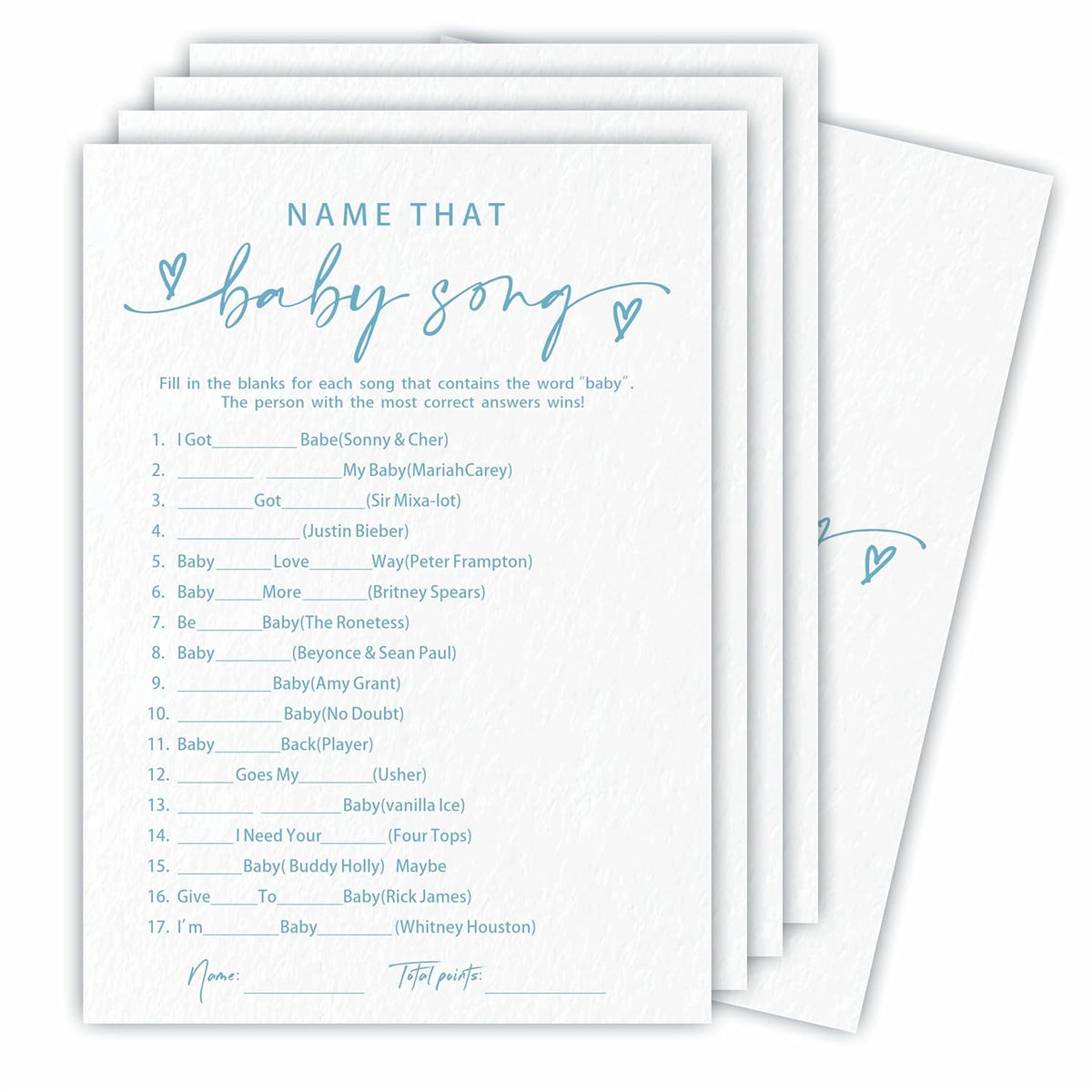 Name That Baby Song Game Set For Baby Shower - Minimalism White & Blue - 30 Double-Sided Fill In Style Game Cards & 1 Answer Card For Gender Reveal, Baby Announcement, Party Favor & Supplies - C04