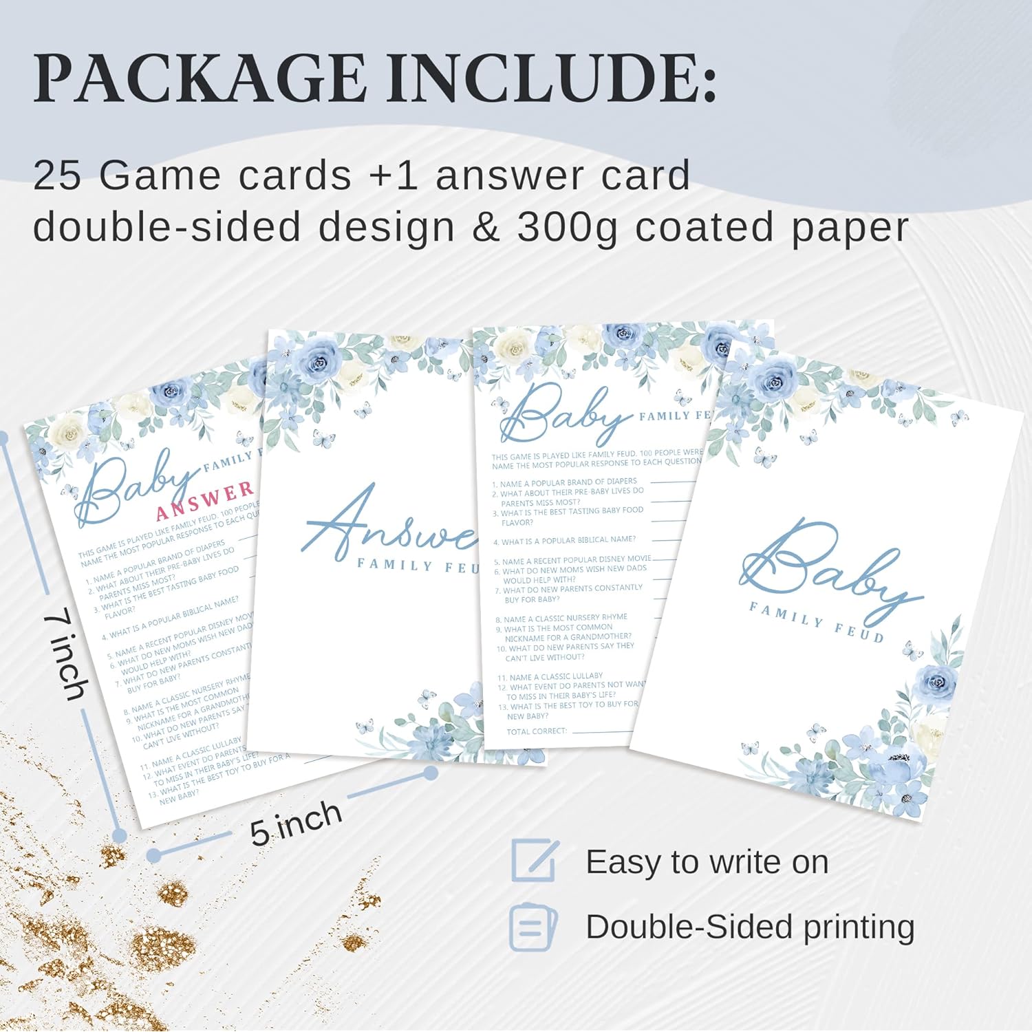 Blue Floral Family Feud Game, Baby In Bloom Baby Shower Games For Girl Boy, 25 Game Card & 1 Answer Card-A06