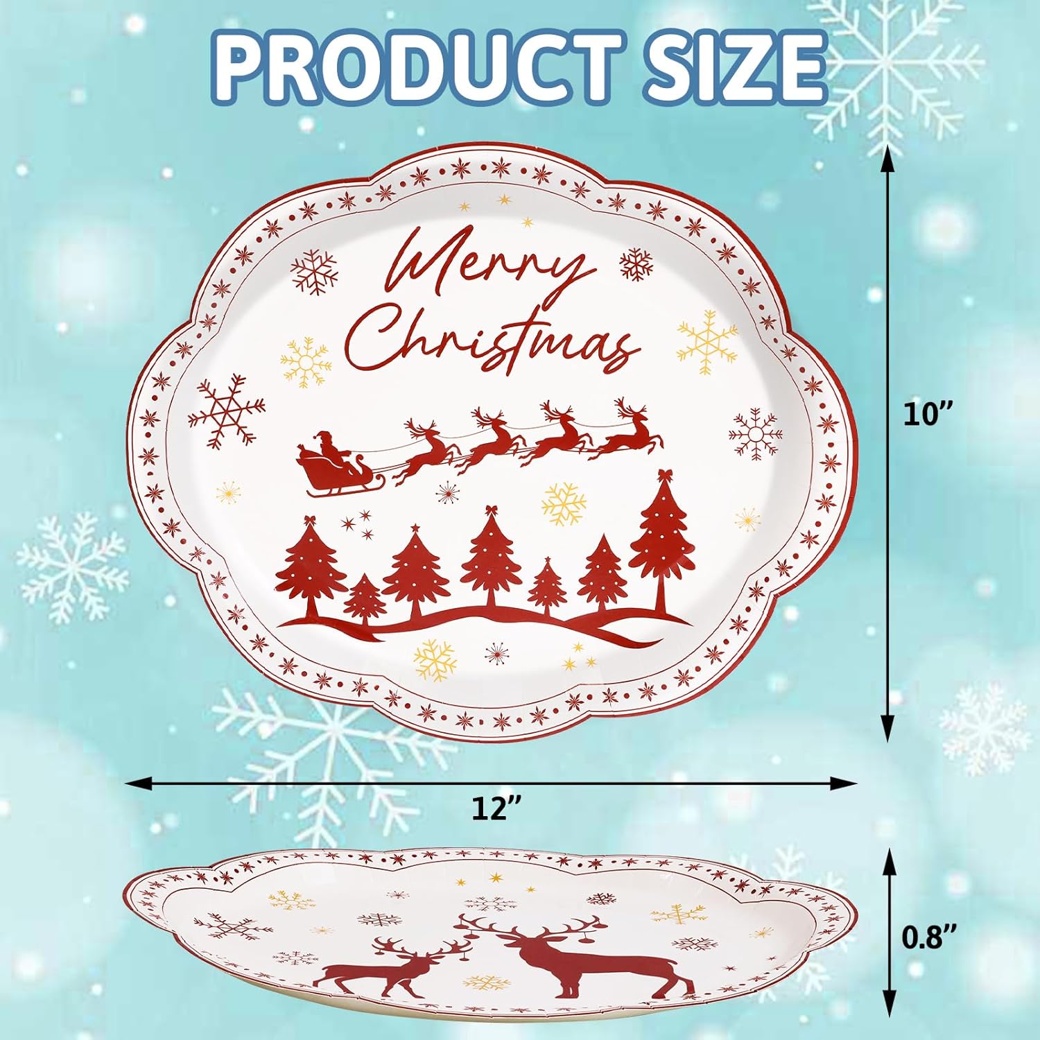 24 Pcs Merry Christmas Oval Paper Plates 10 X 12 Inches Red Christmas Disposable Dinnerware Holiday Party Supplies Decor