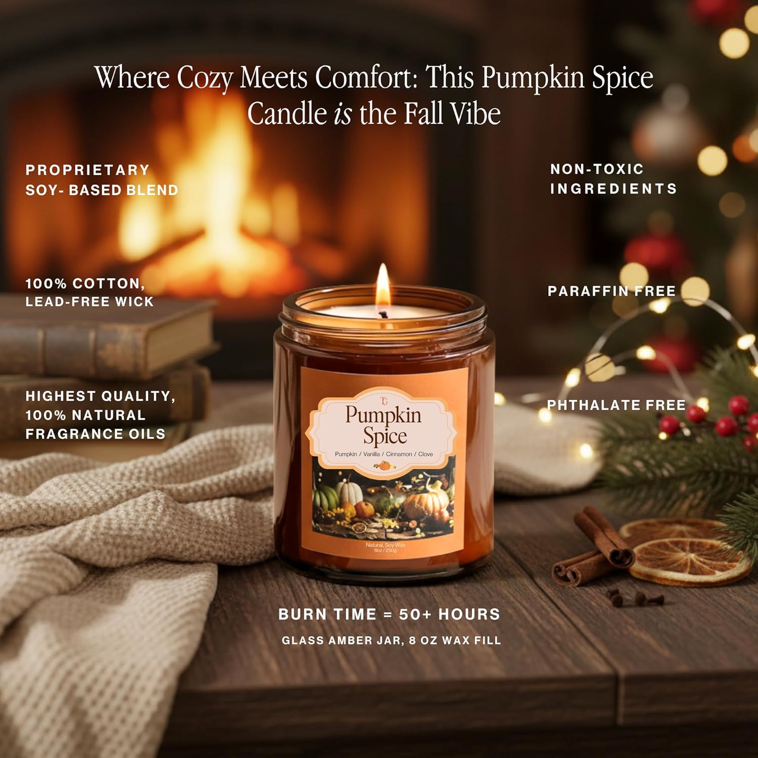 Pumpkin Candle 8Oz Jar, Pumpkin Spice Candles, Fall Candles, Fall Scented Candles, Natural Soy Candle Non Toxic, Long Burning, Refillable 8 Oz Glass Jars