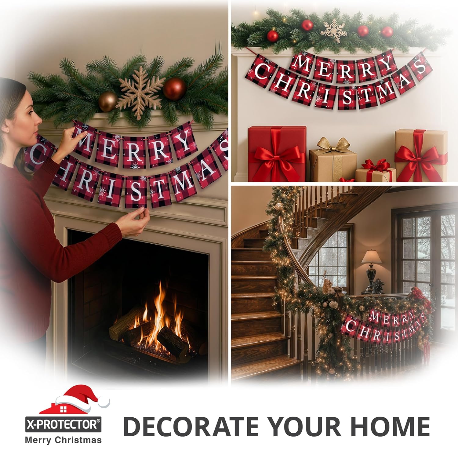Merry Christmas Banner - Buffalo Plaid Merry Christmas Sign For Fireplace Mantel - Premium Indoor Xmas Decorations For Home & Party - Living Room Christmas Decorations For Mantle!