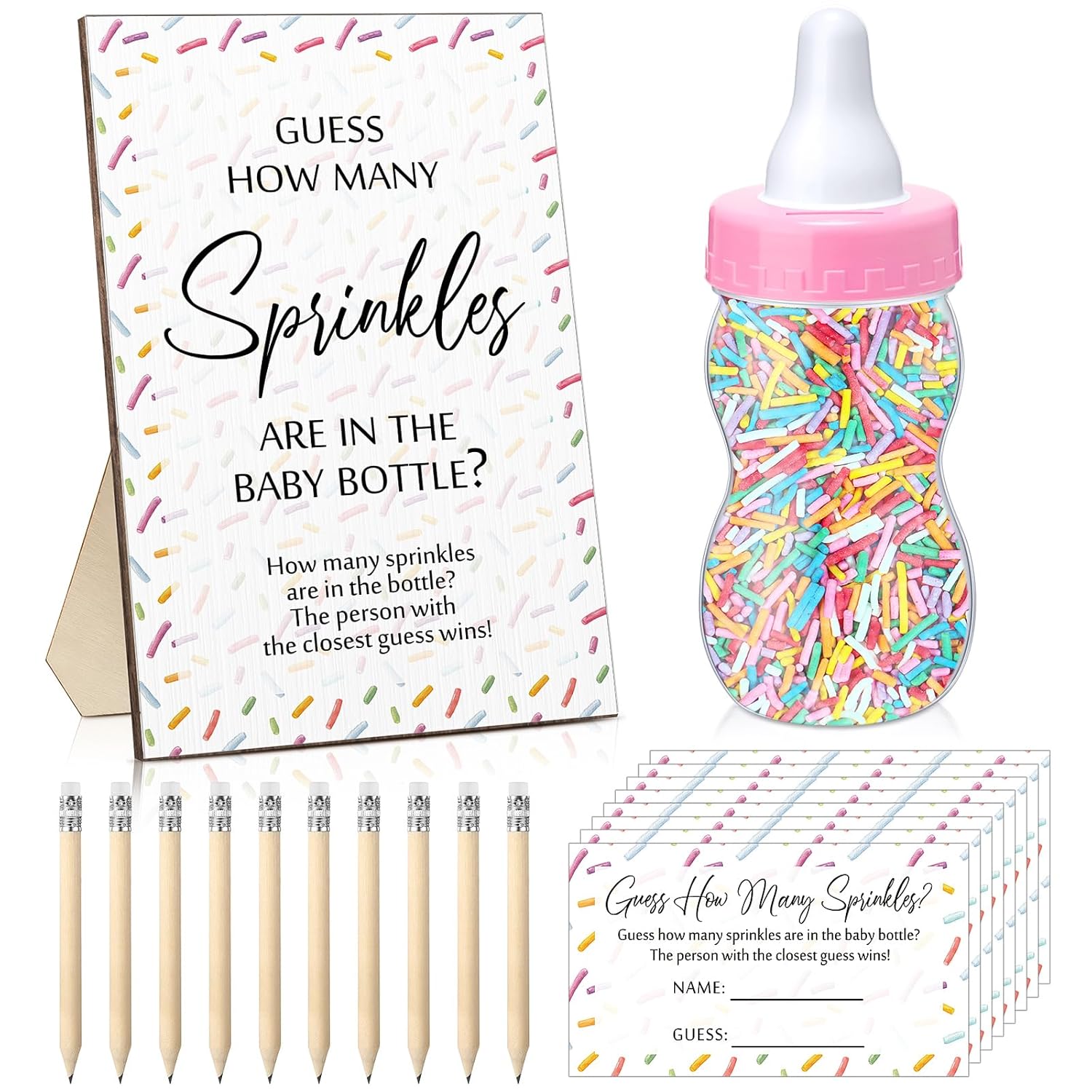 122 Pcs Baby Shower Games Guess How Many Sprinkles Included Standing Sign 100 Guessing Cards 20 Pencils 1 Baby Bottle For Gender Reveal Party Favor No Sprinkles(Pink)