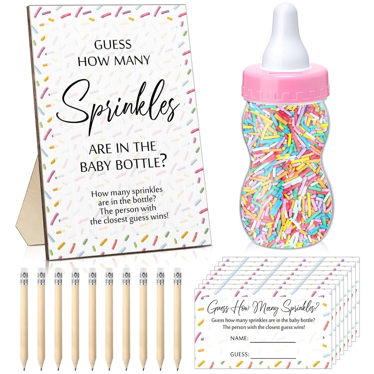 122 Pcs Baby Shower Games Guess How Many Sprinkles Included Standing Sign 100 Guessing Cards 20 Pencils 1 Baby Bottle For Gender Reveal Party Favor No Sprinkles(Pink)