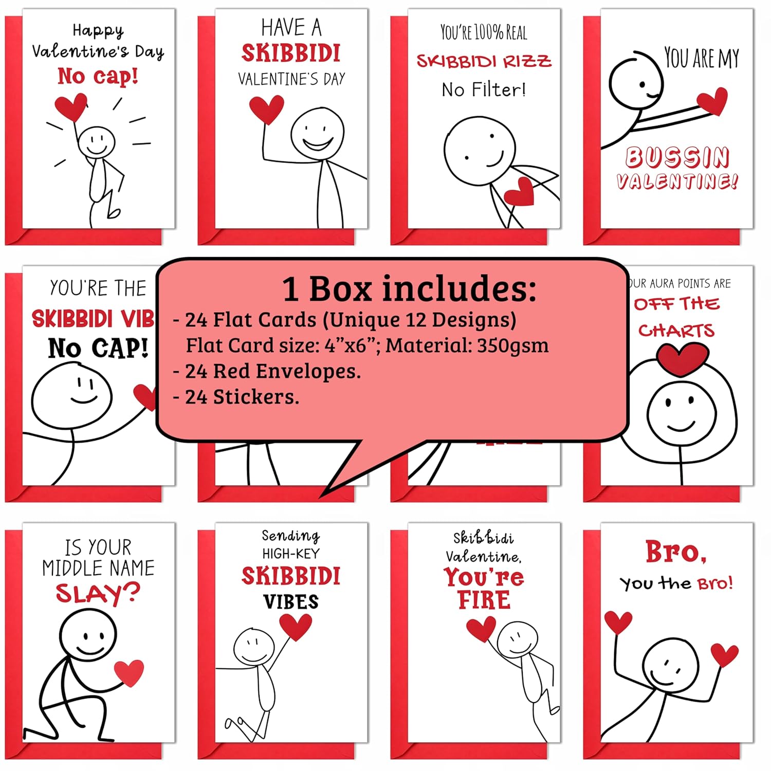 Valentines Day Cards For Kids School Classroom Exchange – 24 Pack Flat Cards 4X6 With 24 Red Envelopes & Stickers, 12 Cute Figure Designs, Trendy Theme - Valentines Day Gifts For Boys, Girls