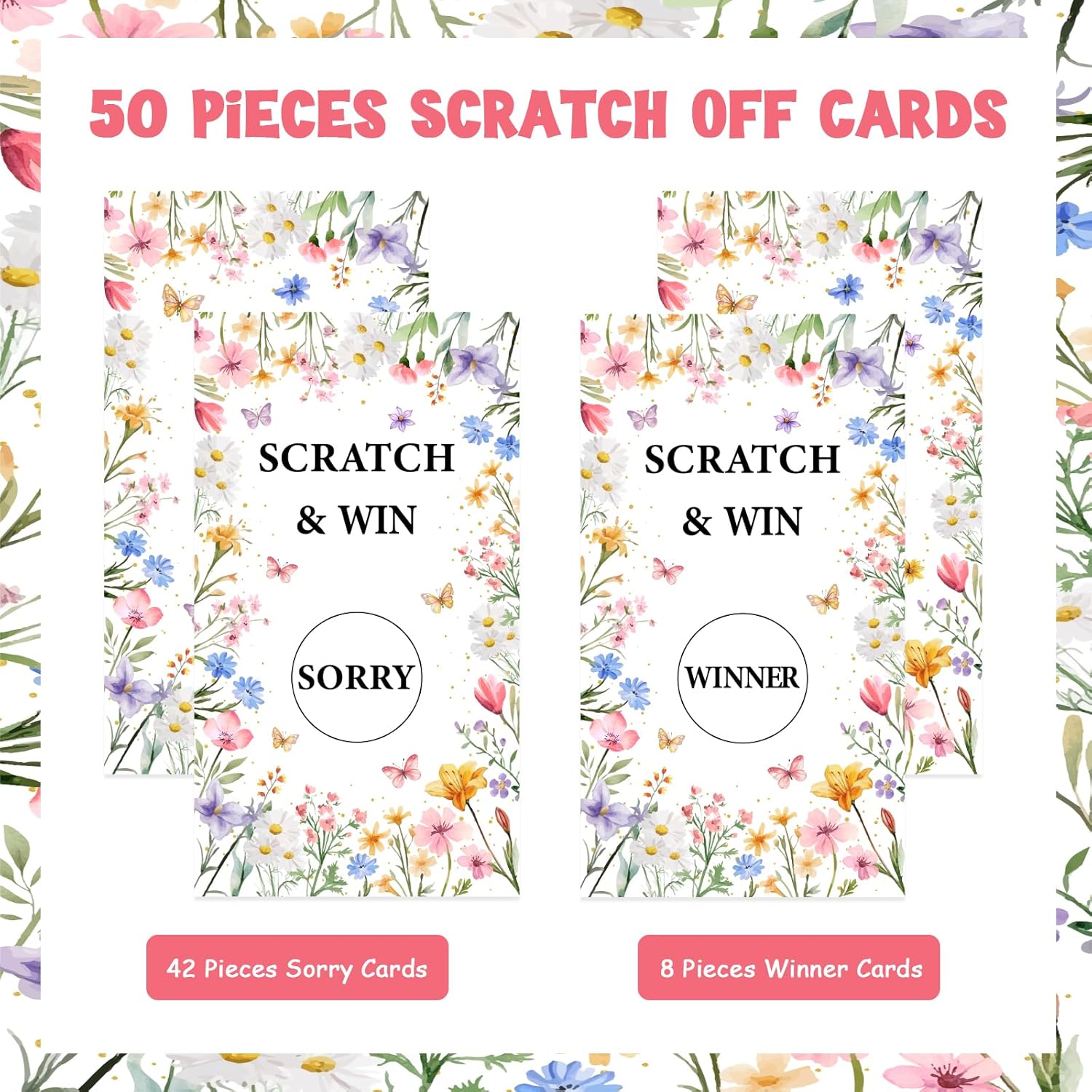 50 Pcs Wildflower Scratch Off Cards, Wildflower Garden Flowers Party Game, Spring Floral Lottery Prize Raffle Tickets For Baby Shower Birthday Bridal Shower Wedding