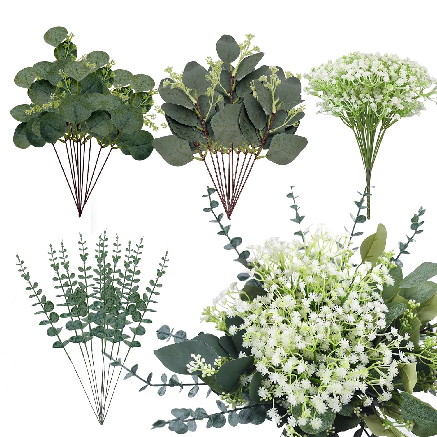 50 Pcs Mixed Artificial Eucalyptus Stems Bulk Babys Breath Fake Flowers Artificial Greenery For Home Decoration, Crafts, Wedding Arrangement