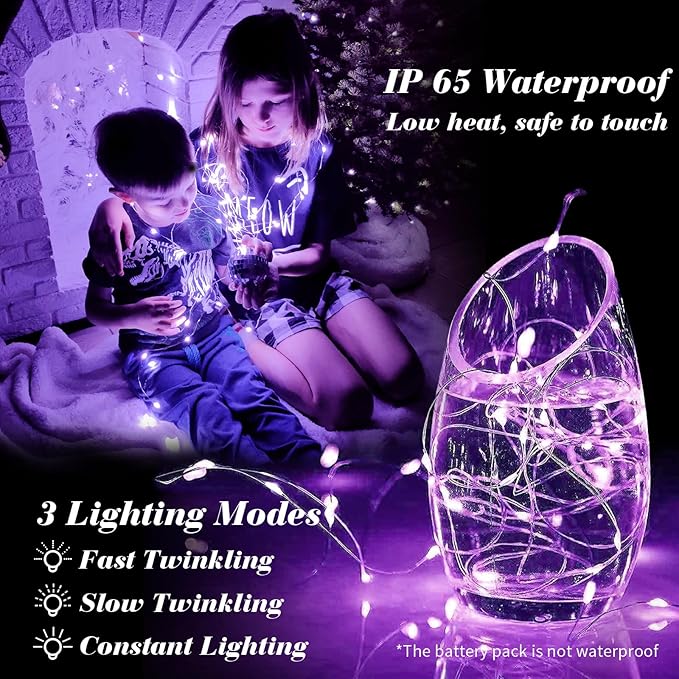 8 Pack Purple Fairy Lights Battery Operated 7FT 20 LED Silver Wire Twinkle String Lights for DIY Crafts Wedding Party Bedroom Christmas Decoration