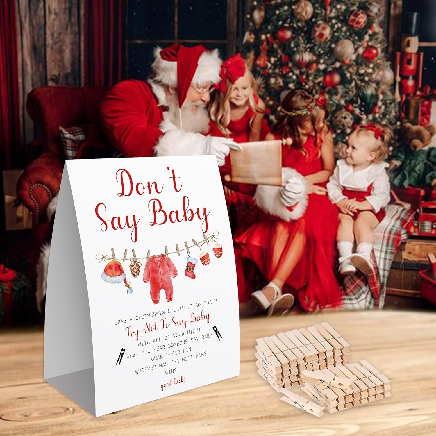 Don'T Say Baby Game, Christmas Baby Shower Game,Winter Baby Shower, 50 Wooden Clothespins And One Sign, Christmas Baby Shower Decorations, Christmas Gender Reveal-Dsbb07