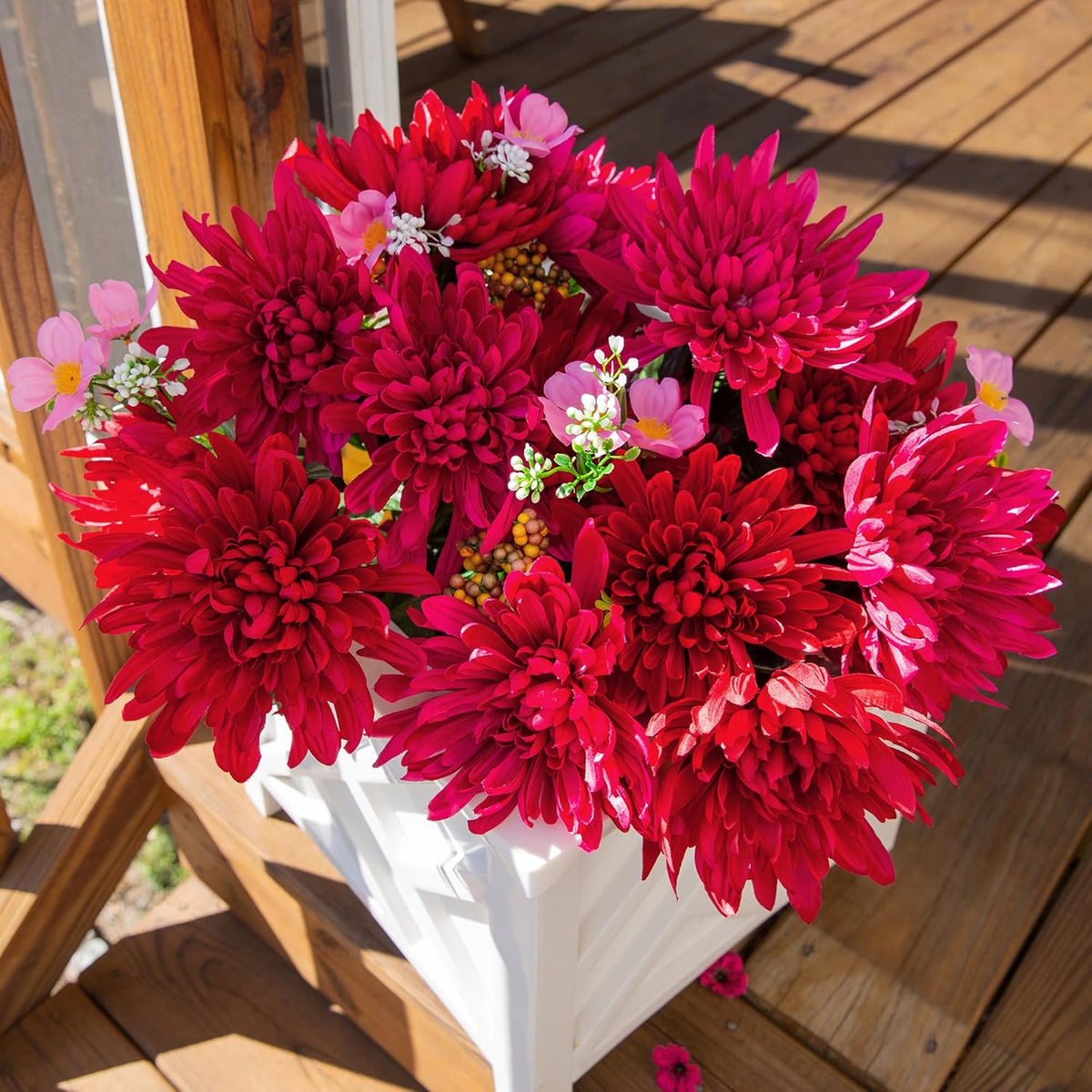 2 Bundles Artificial Fake Silk Chrysanthemum Flowers Bouquets Faux Flower With Long Stems, Autumn Bouquet Flowers Wedding Party Home Decor(Not Included A Pot (Red)