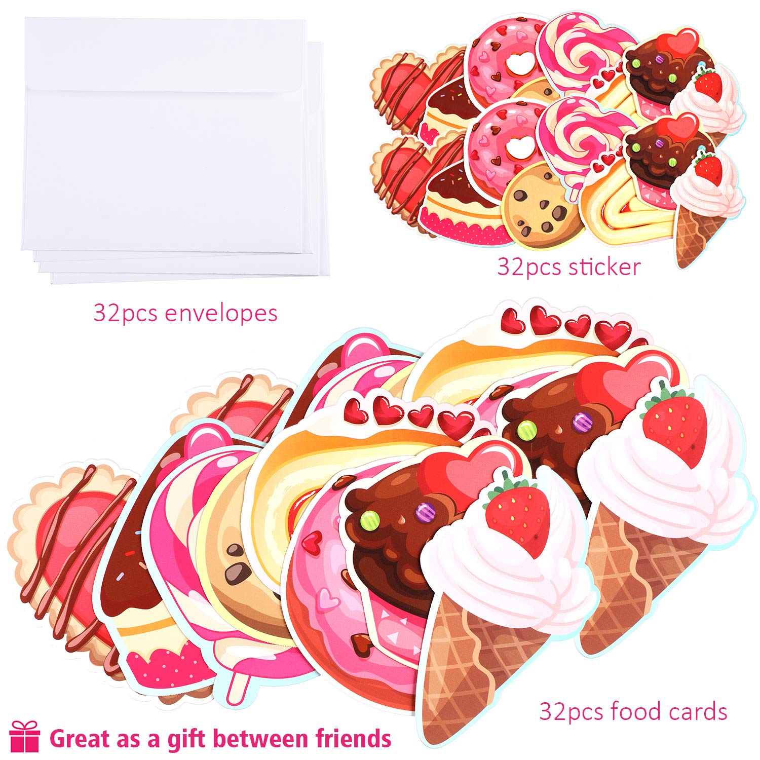 32 Pack Valentine Cards Set With Envelopes Stickers 8 Different Cute Food Valentines Greeting Cards Bulk For Classroom Students Exchange Valentine Gifts Party Supplies