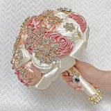 Handmade Satin Rose Floral Bling Pearl Decor Bridal Wedding Bouquet Rhinestone Pendant Artificial Brooch Flowers For Bride Bridesmaid Quinceanera
