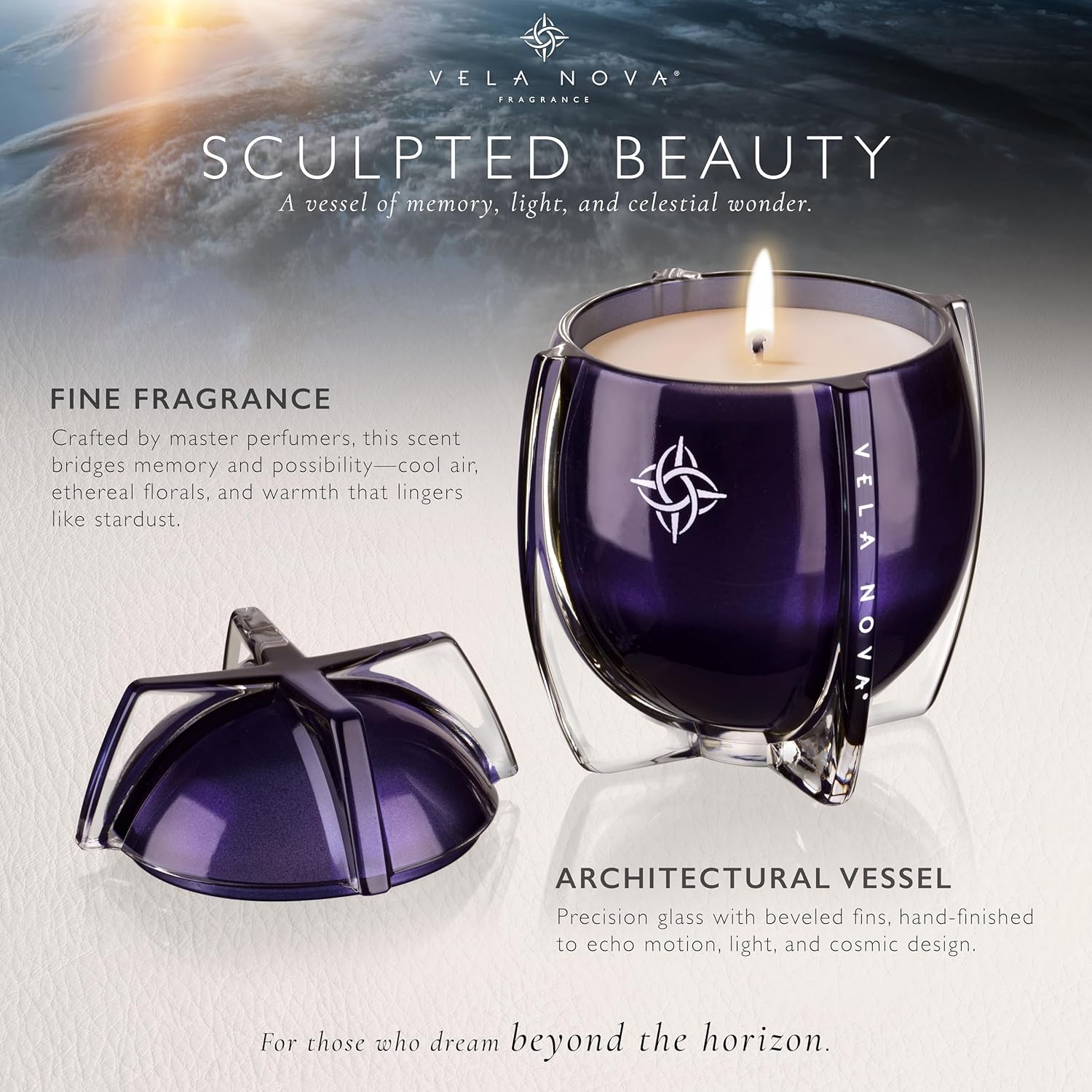 Luxury Scented Candle By – Made In America | Cosmic Horizons: A Fragrance Inspired By Celestial Discovery | Sculptural Glass Vessel With Dome Lid | Up To 50 Hours Clean Burn