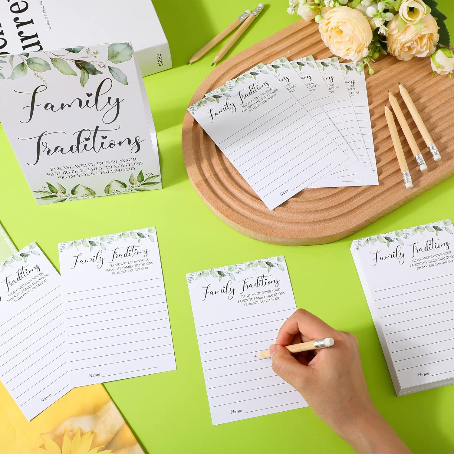 61 Pieces Baby Shower Games Include 1 Family Traditions Standing Sign And 50 Family Traditions Activities Cards With 10 Pencils(Greenery)