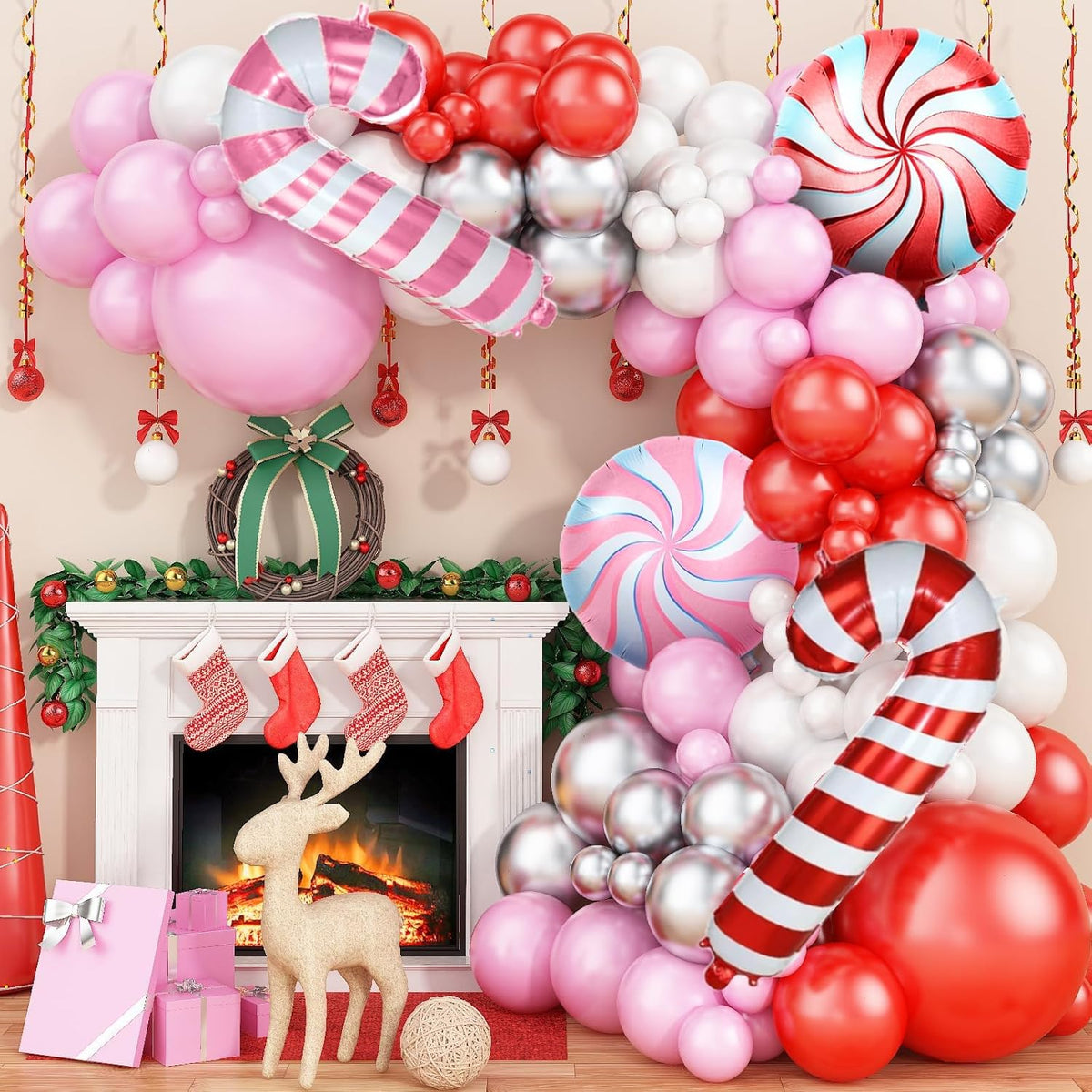 Christmas Balloon Arch Kit, Pink Red White Garland With Metallic Silver Balloons, Candy Cane Foil Balloon For Party Decorations, New Year Xmas Supplies