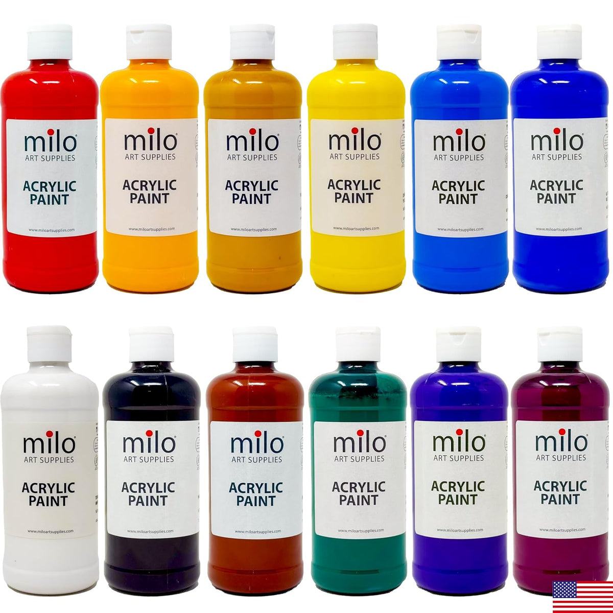 milo Acrylic Paint Set of 12 Colors | 16 oz Bottles | Student Primary Colors Acrylics Painting Pack | Made in the USA | Non-Toxic Arts & Crafts Paints for Artists & Hobby Painters