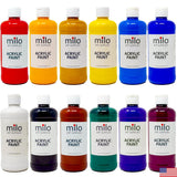 milo Acrylic Paint Set of 12 Colors | 16 oz Bottles | Student Primary Colors Acrylics Painting Pack | Made in the USA | Non-Toxic Arts & Crafts Paints for Artists & Hobby Painters