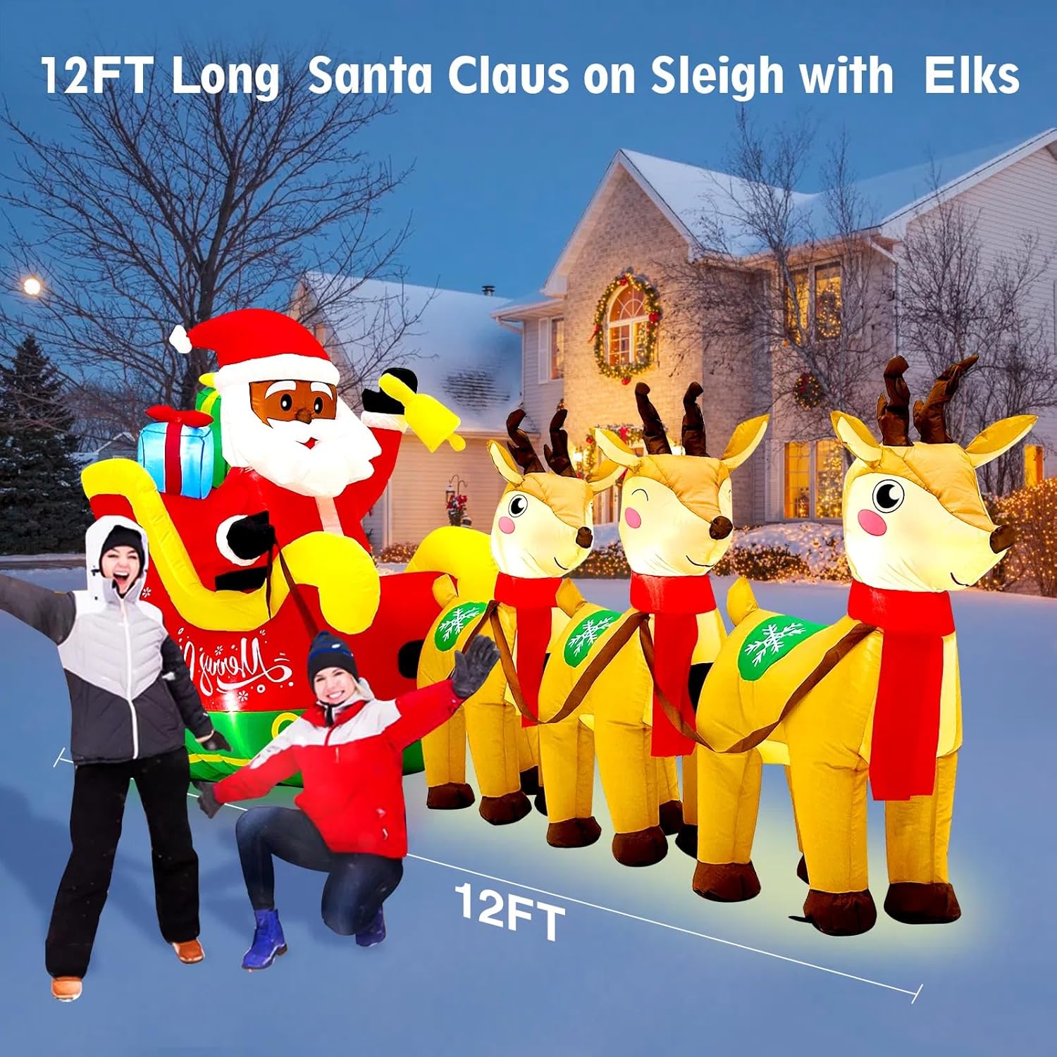 12Ft Christmas Inflatables, Black Santa Claus On Sleigh With Reindeer, Blow Up Christmas Decorations Outdoor With Lights