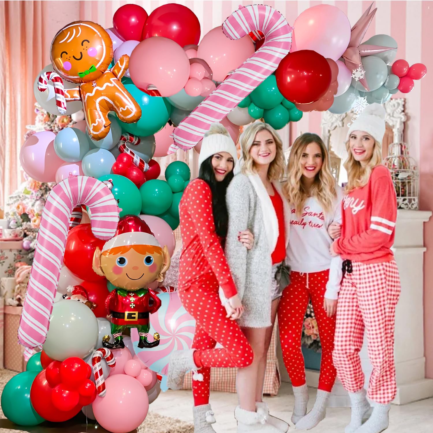 Gingerbread Balloon Arch Garland Kit 153 Pcs Christmas Balloon Garland Arch Pink Christmas Balloons Giant Gingerbread Man Candy Cane Balloon For Christmas Gingerbread House New Year Party Supplies