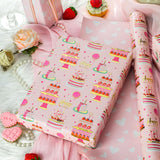 Girls Birthday Wrapping Paper Roll, Pink Gift Wrapping Paper,Metallic Foil Pink Cartoon-Style Birthday Cakes Gift Wrap For Kid Party,Baby Shower,Wedding, Holiday,Christmas(17 Inch X 33 Feet)
