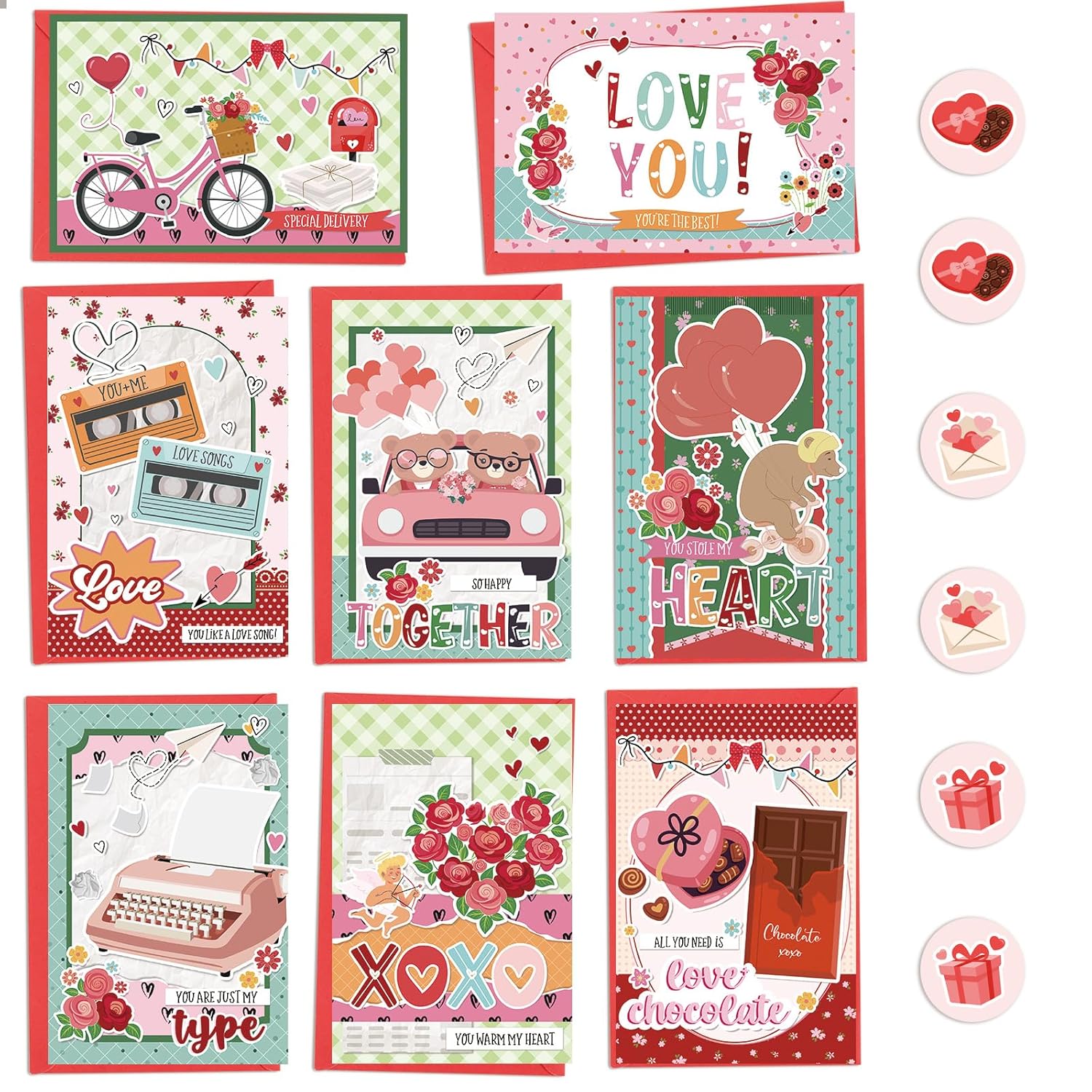 24 Pack Cute Valentine'S Day Cards With Envelopes And Stickers, Boxed Valentine Cards For Couples, Friends, Family, Kids, 8 Assorted Designs, 4X6 Inch