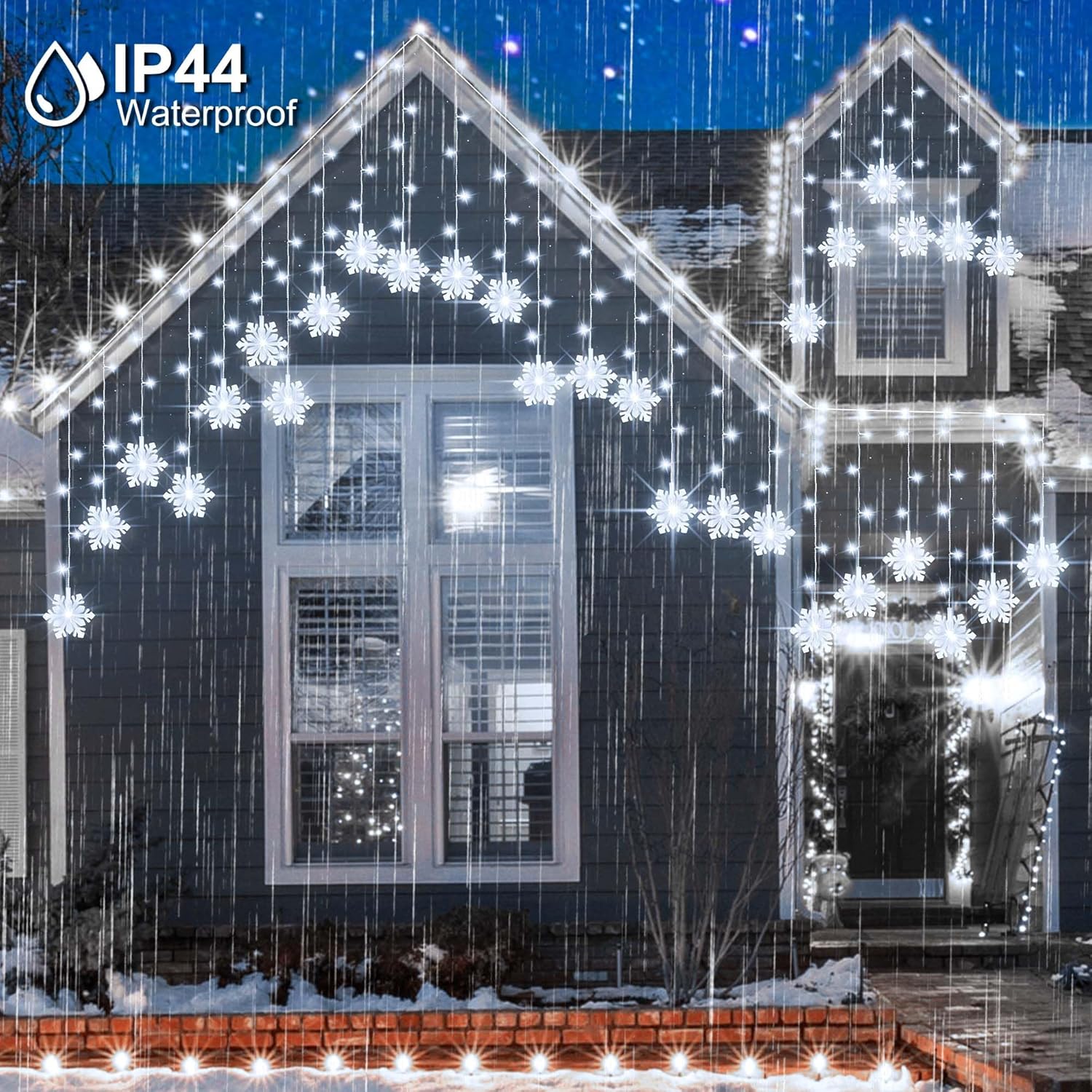Christmas White Icicle Lights With Snowflake, 150 Led Curtain Lights With 8 Lighting Modes, Plug In Twinkle Lights For H