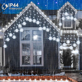 Christmas White Icicle Lights With Snowflake, 150 Led Curtain Lights With 8 Lighting Modes, Plug In Twinkle Lights For H