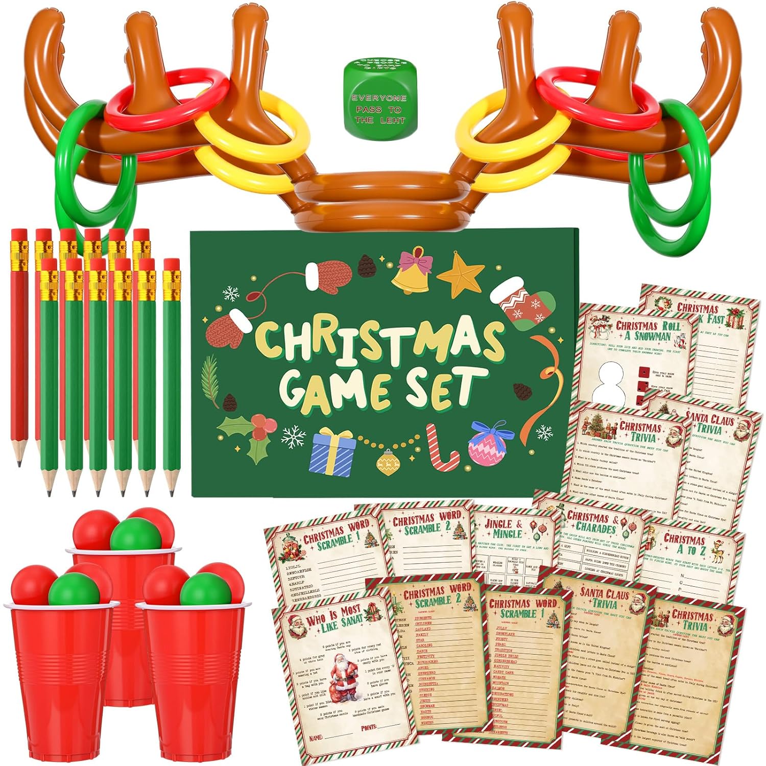 154 Pcs Christmas Games Set Fun Xmas Families Trivia Games Cards Inflatable Reindeer Antler Dice Ring Toss Pencils For Stocking Stuffers Gifts Holiday Birthday Party Activities Favors(Rustic)