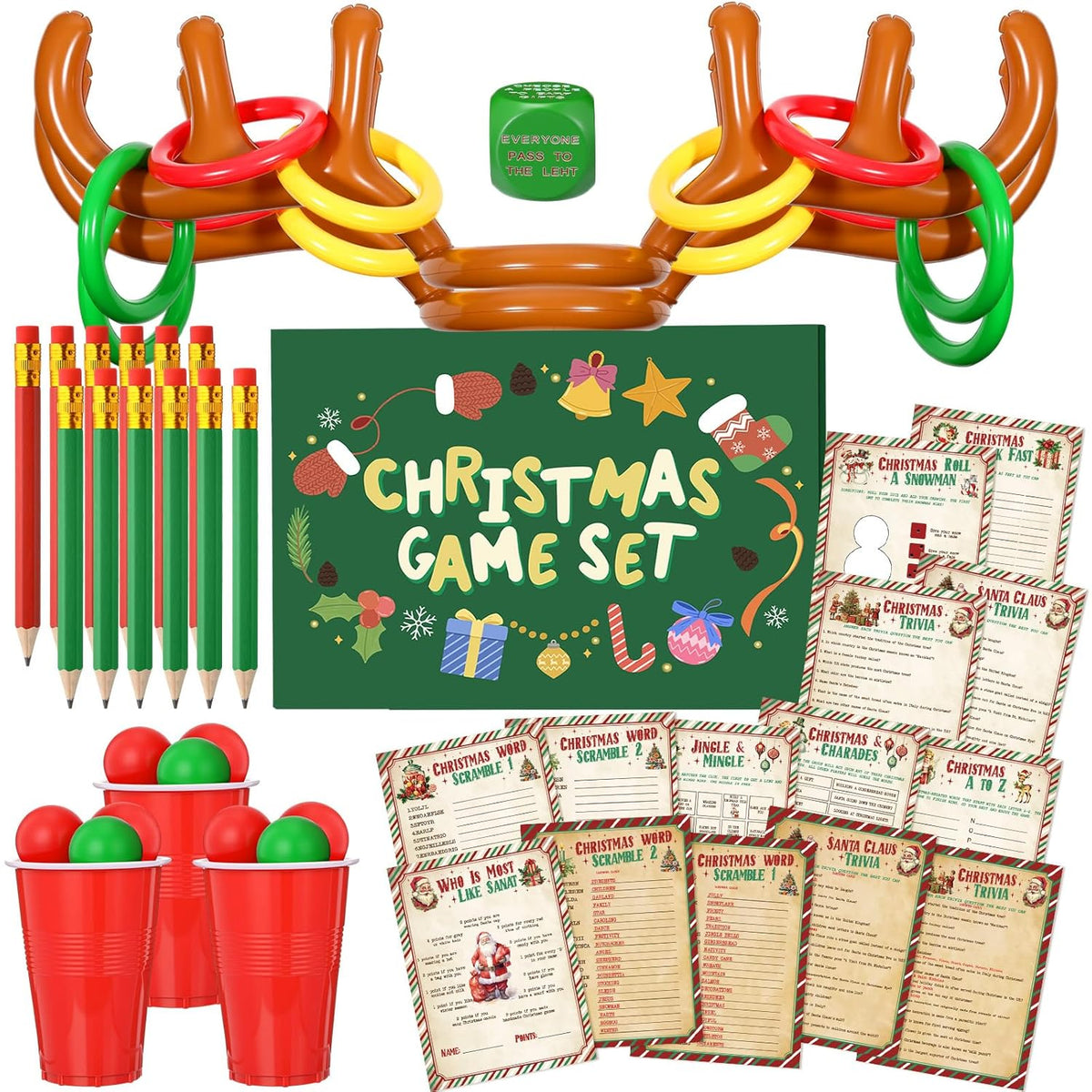 154 Pcs Christmas Games Set Fun Xmas Families Trivia Games Cards Inflatable Reindeer Antler Dice Ring Toss Pencils For Stocking Stuffers Gifts Holiday Birthday Party Activities Favors(Rustic)