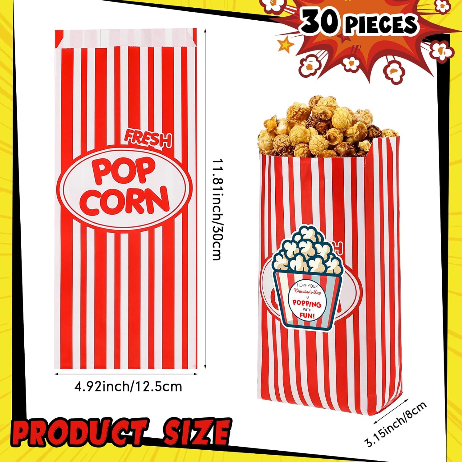 Set Of 30 Valentines Paper Popcorn Bags With Stickers, 11.8In Tall Large Capacity Popcorn Containers With Stickers For Valentine'S Day Gift Party Favors Movie Nights Decorations