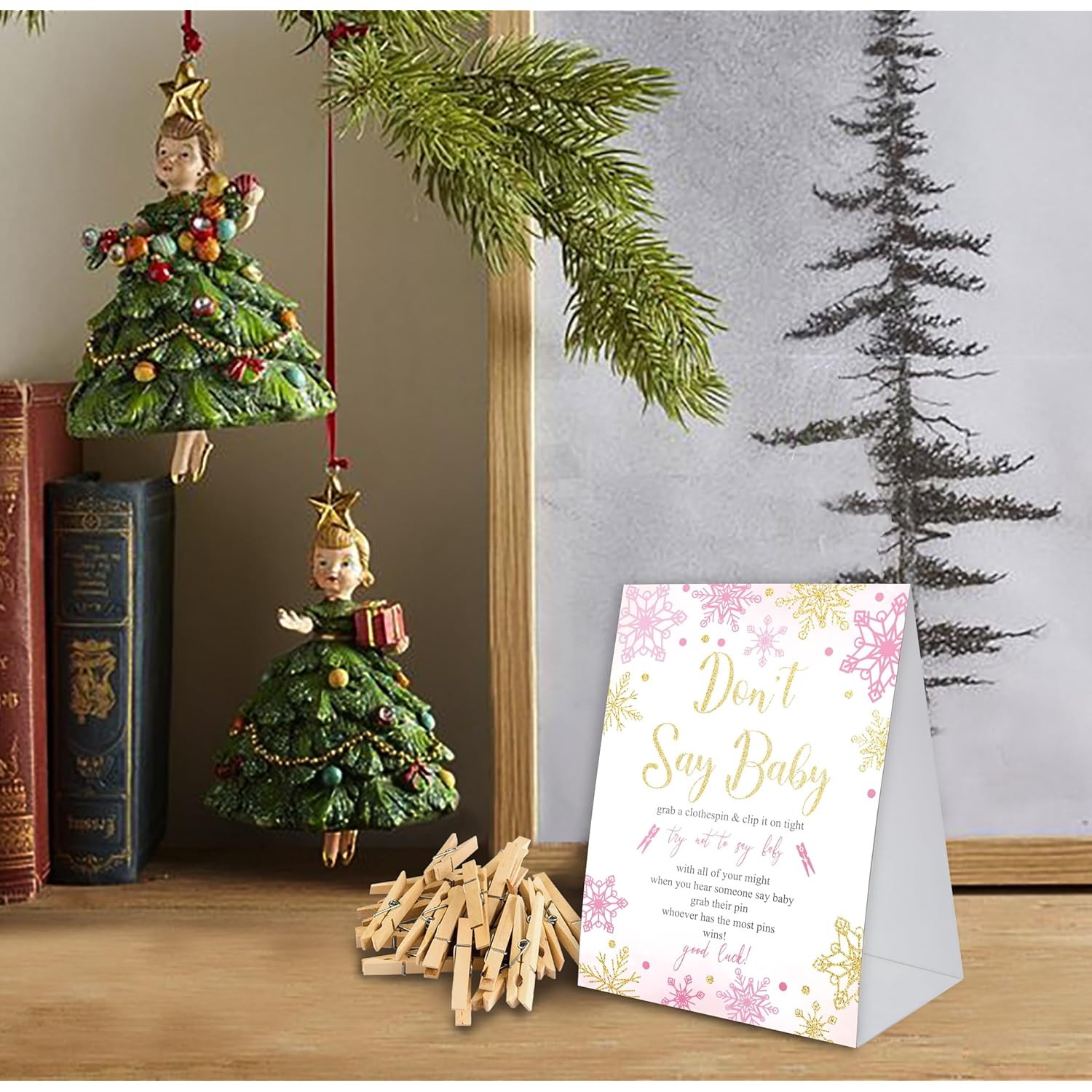 Don'T Say Baby Game,Christmas Baby Shower Game,50 Wooden Clothespins And One Sign, Christmas Baby Shower Decorations, Christmas Gender Reveal-Dsbb09