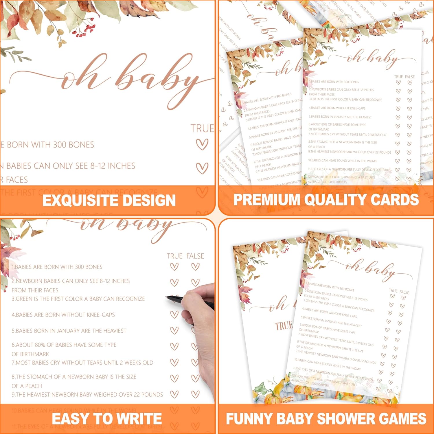 Baby Shower Games, Thanksgiving Oh Baby True Or False, 25 Double-Sided Game Cards + 1 Answer Card For Gender Reveal Party Decorations Supplies Announcement - C04