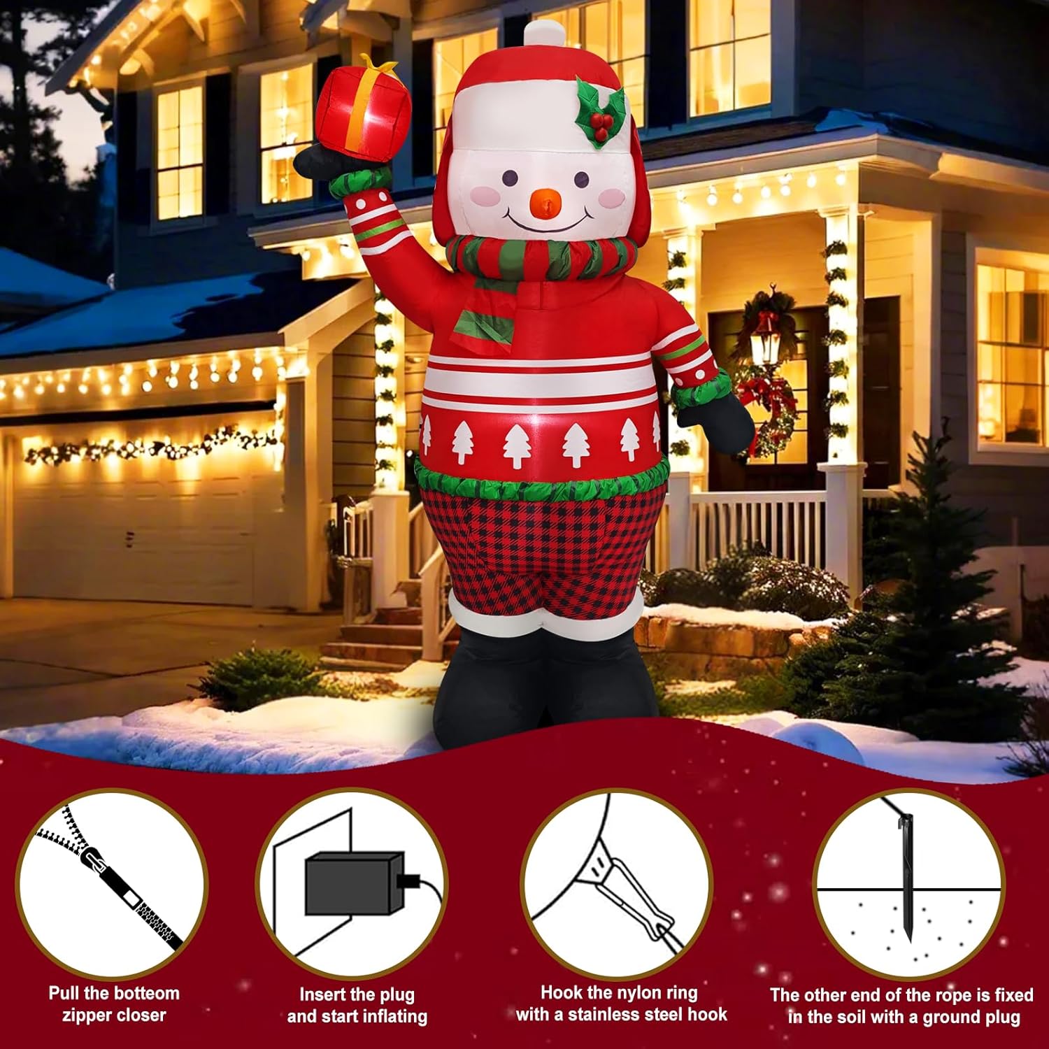 Christmas Inflatable Decoration 5.6 Ft Snowman Holding Gift Adorable Holiday Yard Decoration With Red Sweater, Hat & Pla