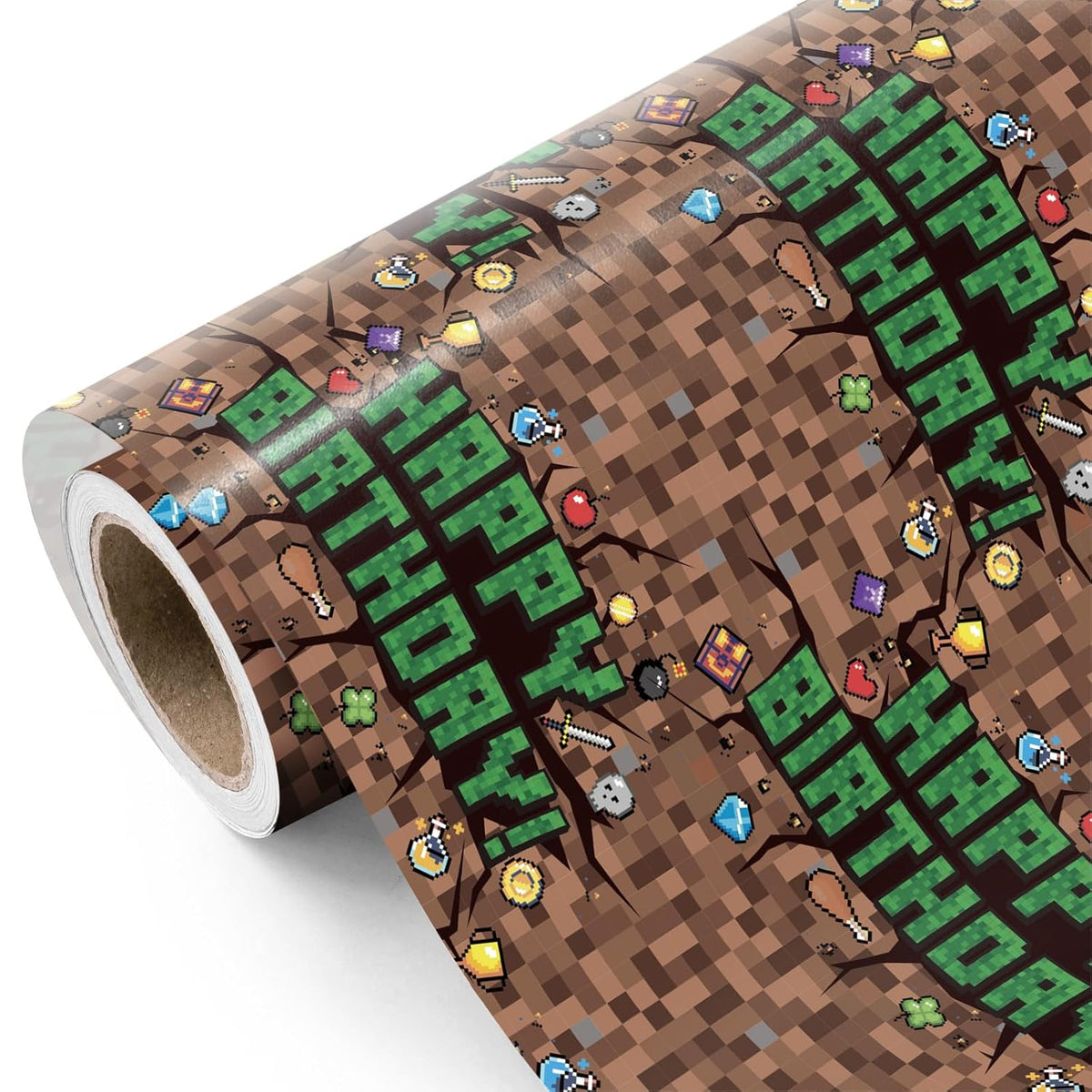 Birthday Wrapping Paper Roll - Mini Roll - 17 Inch X 9.8 Feet - Pixel Style Happy Birthday Video Game Wrapping Paper, Perfect For Boys, Game Lover, Baby Shower