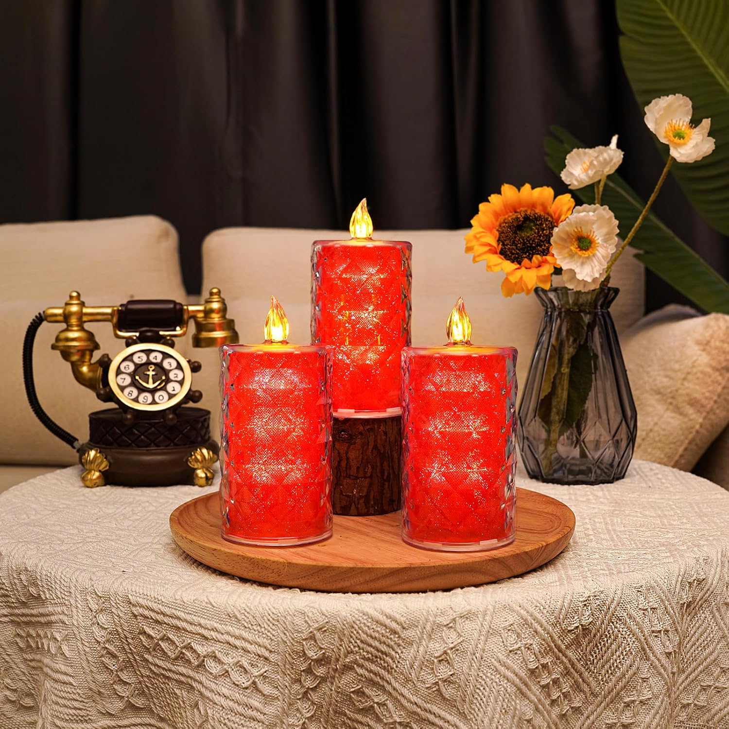 Battery Operated Candles With Remote, 2 Pcs Timer Flickering Led Fake Candles, Flameless Candle With Crystal Shell And Embedded Glitter For Wedding, Home & Christmas Decor, Red