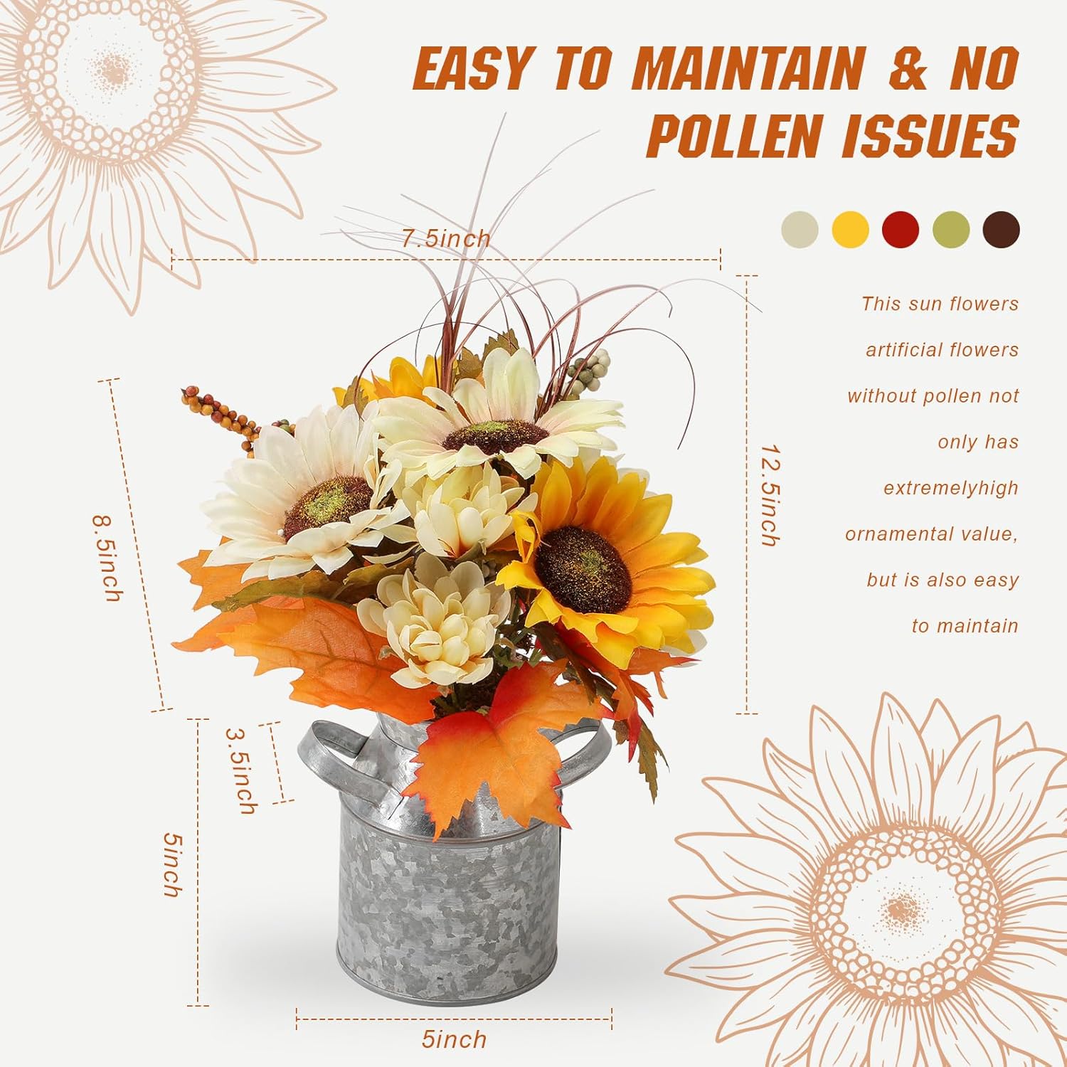 Sunflowers Artificial Flowers With Pot,Fake Potted Flowers With Sunflower Maple Leaf Berry Fall Faux Silk Flowers Sunflower Centerpieces For Tables Decor