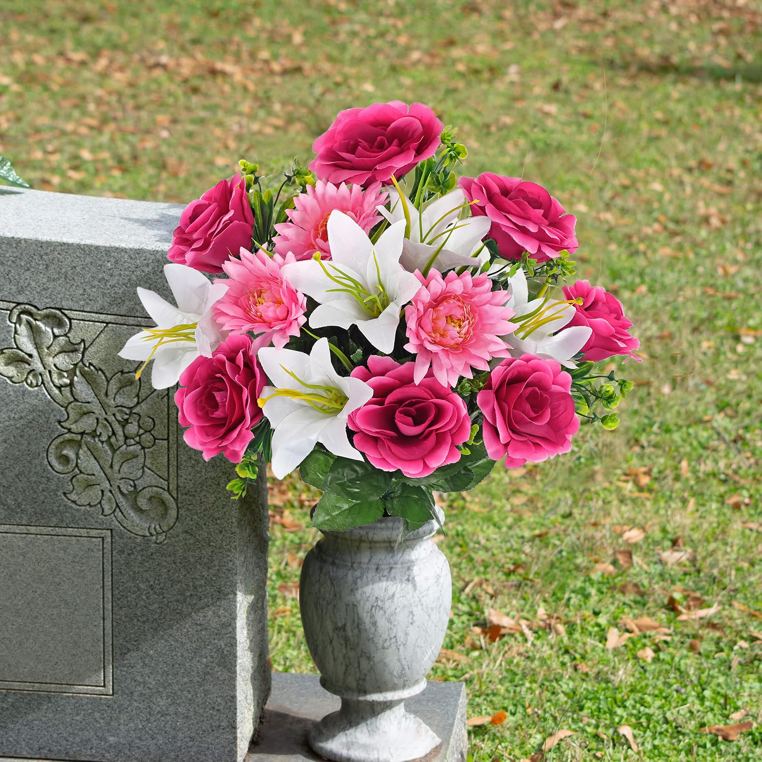 Cemetery Flowers For Grave 2 Pack Cemetery Decorations For Grave Funeral Flowers Yellow Rose Lily Chrysanthemum Bouquet Silk Artificial Flowers For Outdoors Gravesite Graveyard Headstones